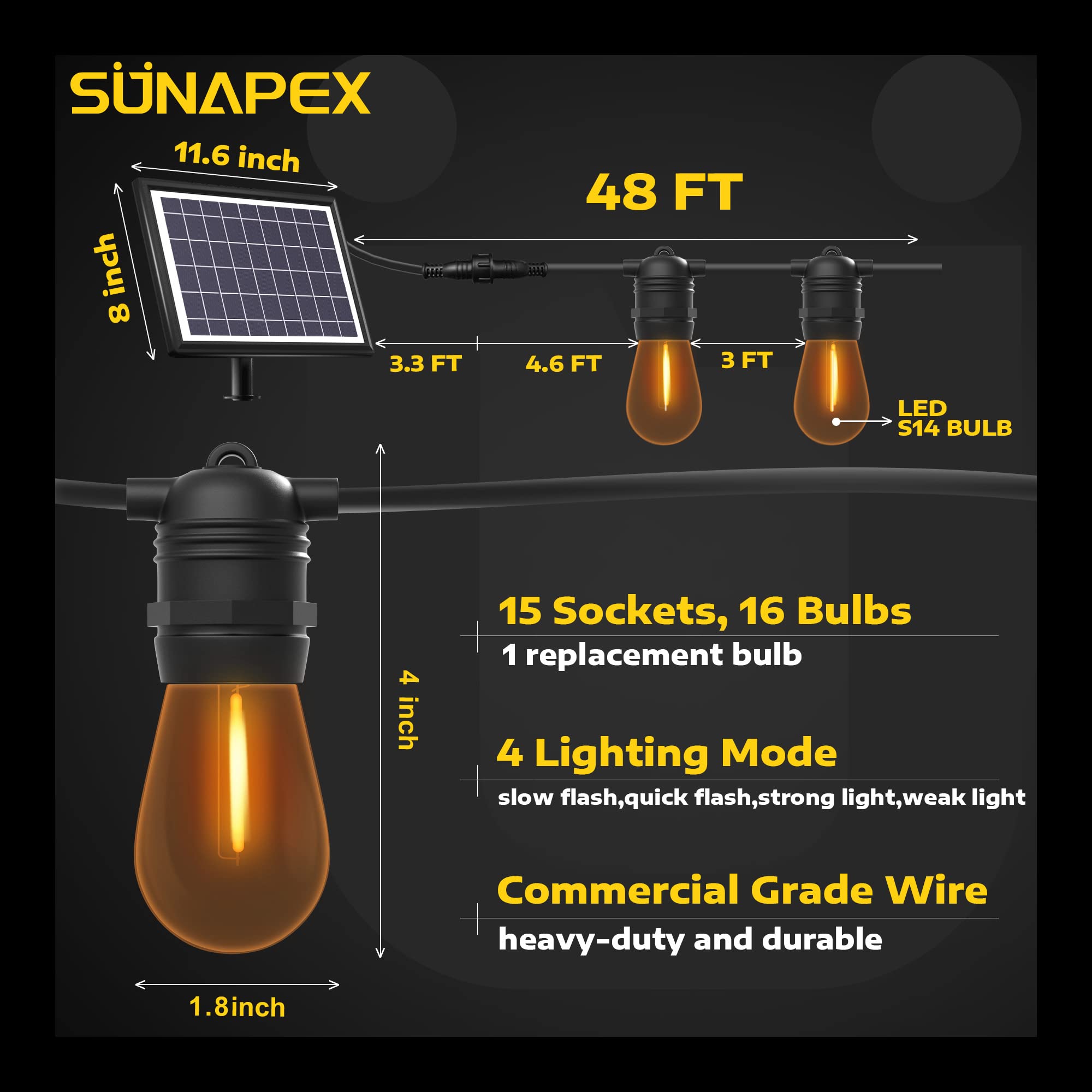 SUNAPEX Solar String Lights Outdoor Waterproof 48FT Shatterproof Edison Bulbs Yellow 2700k Rubber