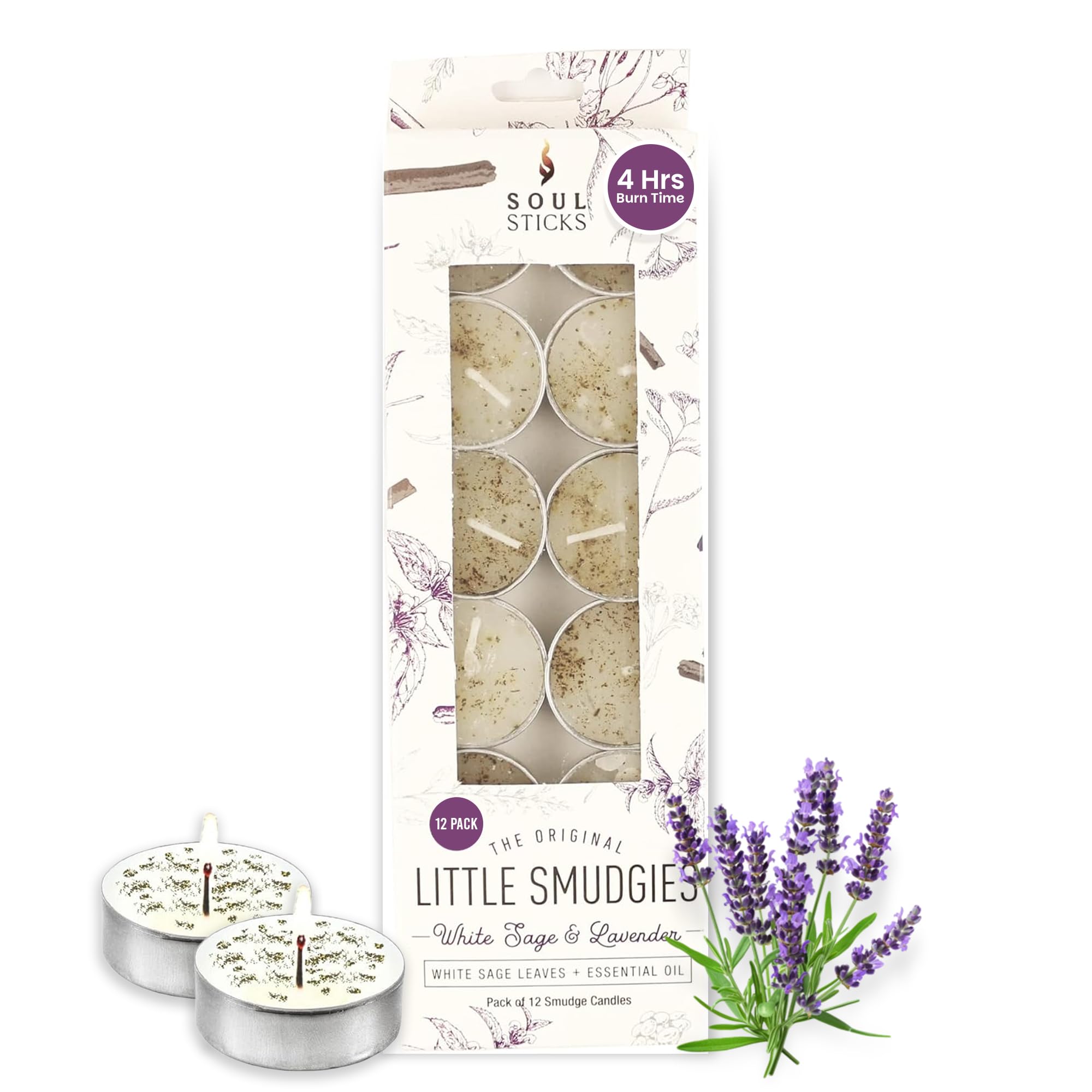 SOUL STICKS 12 Pack Little Smudgies Tealight Candles Smudge Candle for Cleansing House, Meditation, Chakra Healing | Made with Crystals and Herbs (White Sage & Lavender)