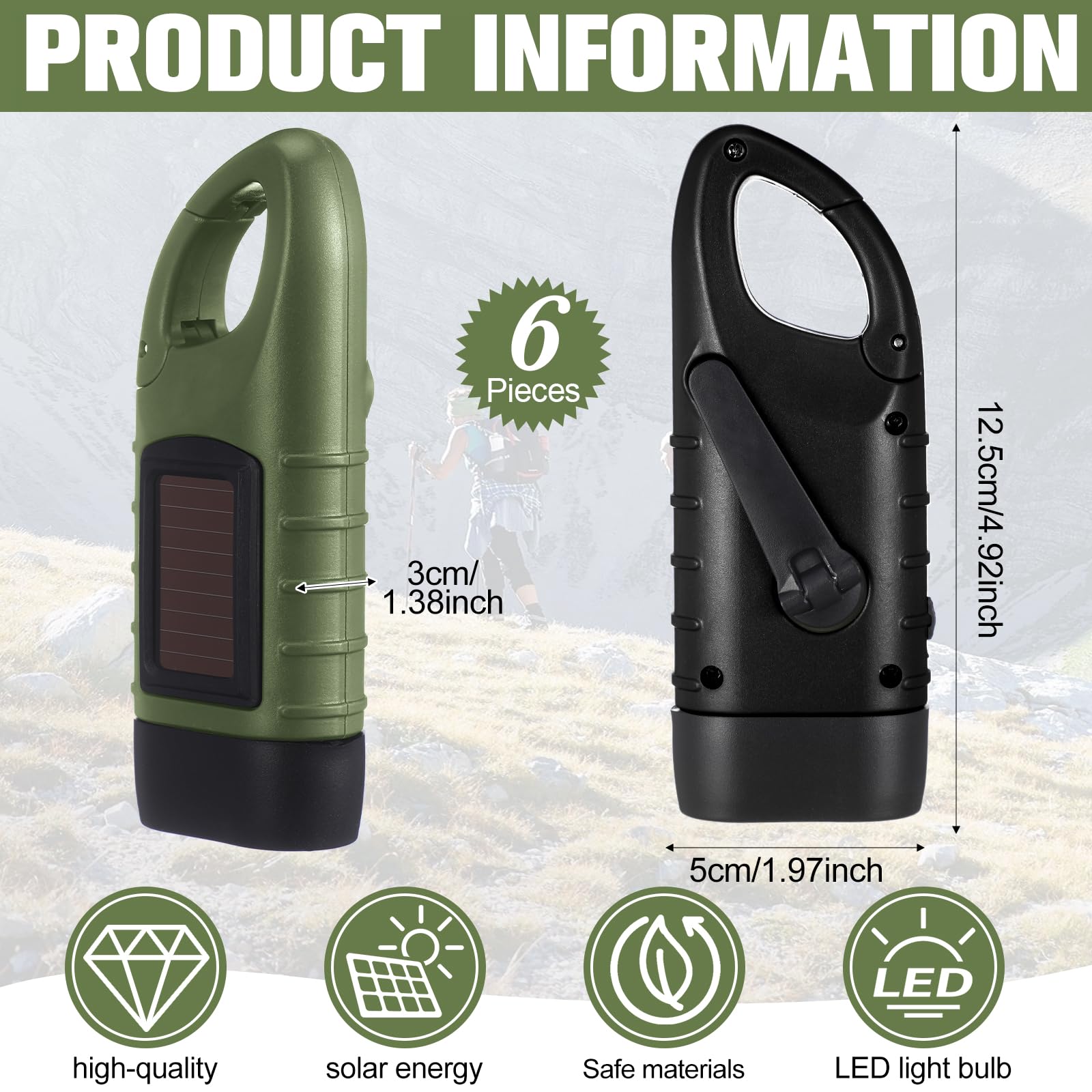 Mudder Hand Crank Solar Powered Flashlights - 6 Pcs Emergency LED for Outdoor Sports, Camping, Hiking - Green/Black, Model CL-Mudder-4655