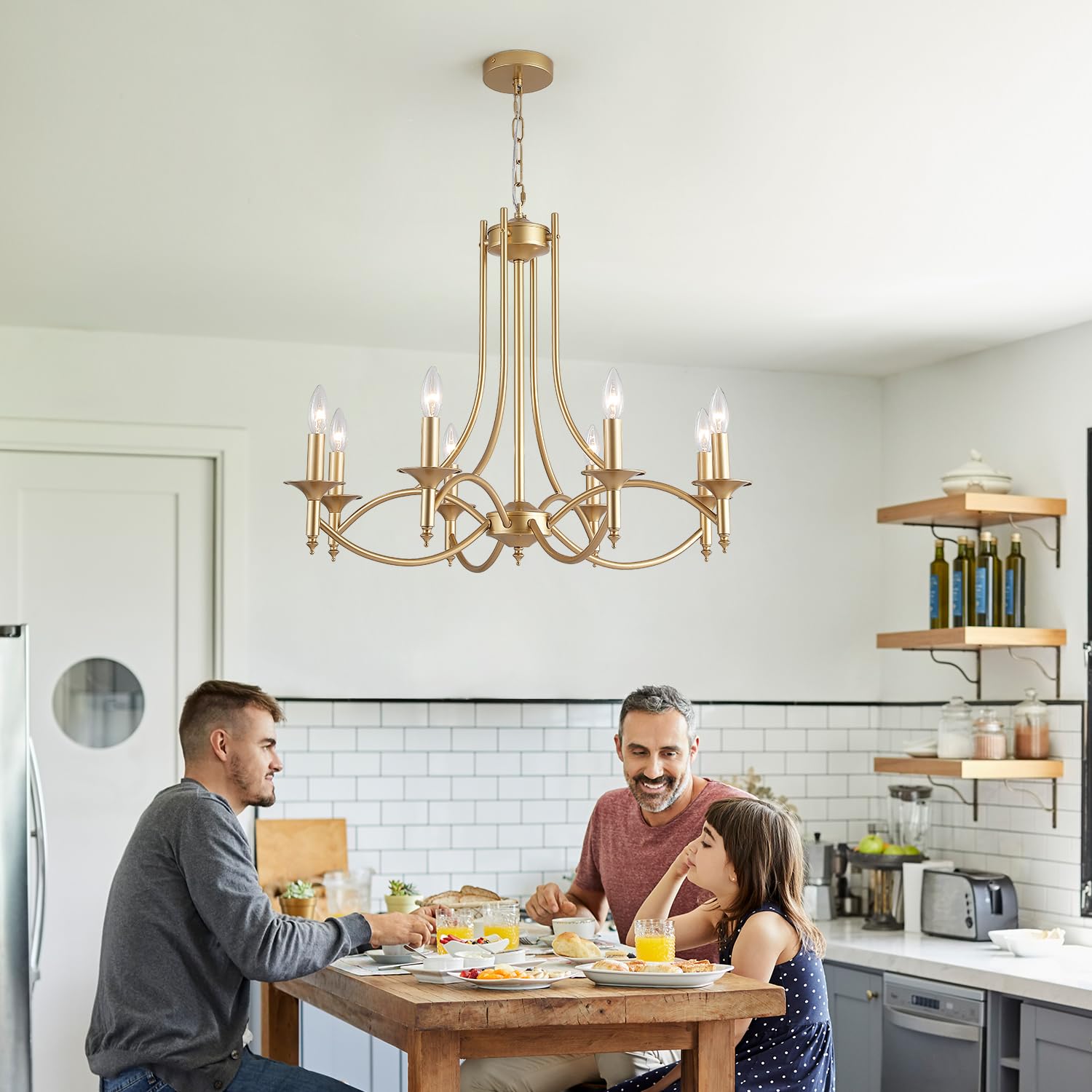 Pretoy Gold 8-Light Iron Candle Chandelier for Dining Room, Living Room, Kitchen - Model 3300-8-G