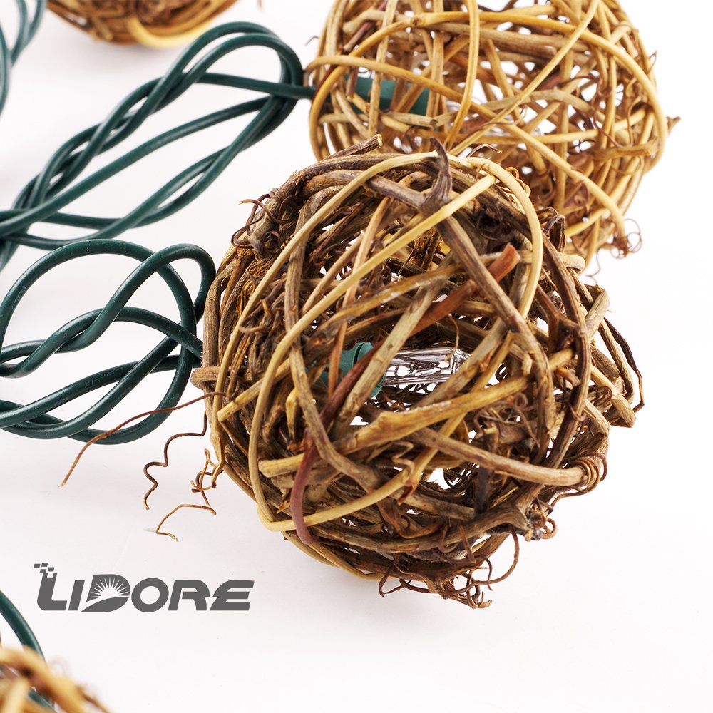 LIDORE Rattan String Lights, 10 Mini Globe Balls, 7.92ft Green Cord, Indoor Outdoor Use, Brown Rattan, Model LD-TAOKE-10L