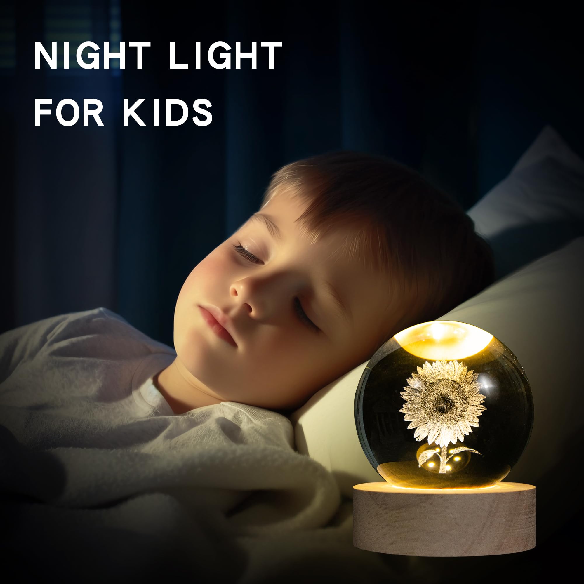 Qianchang 3D Laser Etched Sunflower Crystal Ball With Stand, 60Mm Glass Sphere Lamp Night Light, Sunflower Figurine Decor Glass