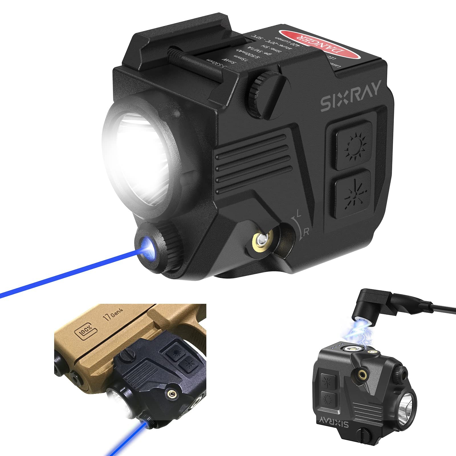 SIXRAY Handheld Toy Light Laser Combo 420 Lumen Flashlight with Blue Laser Beam for HandLauncher  Strobe  Magnetic Charging  Picatinny Mounted Light