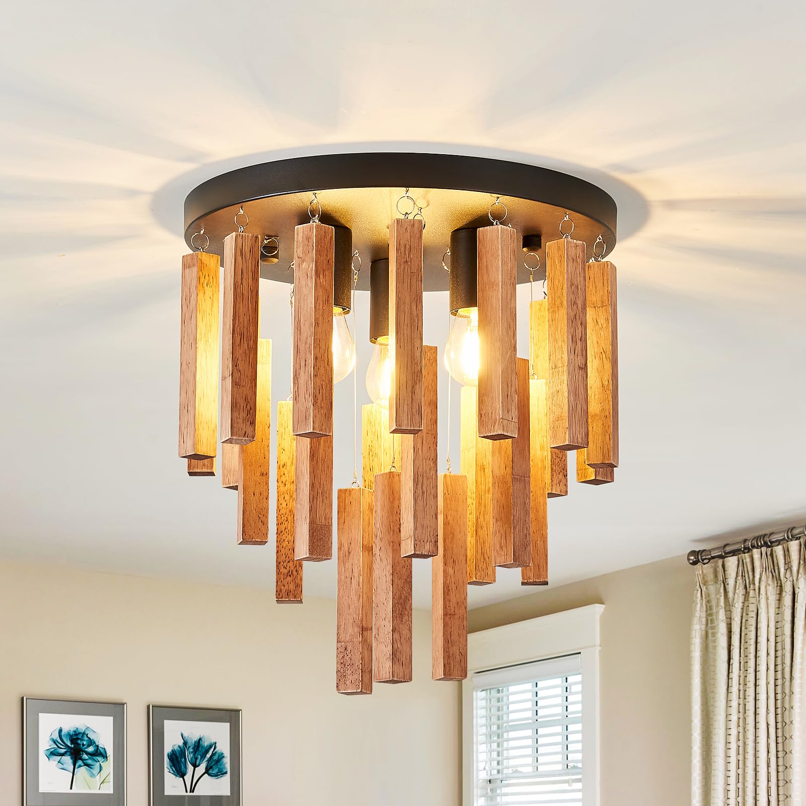 3-Light Semi Flush Mount Ceiling Lights Boho Wood Light Fixture Farmhouse Chandelier Oak And Black Ceiling Lighting With E26 For
