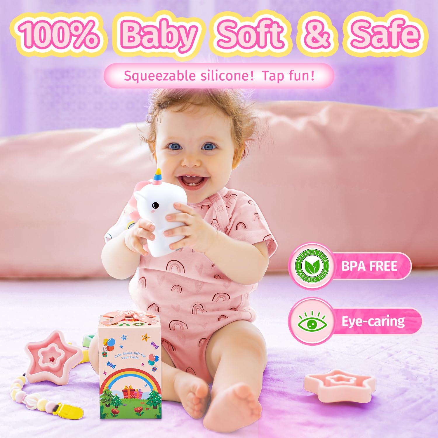 One Fire Unicorn Night Light for Kids, Remote Control, 16 Colors, Silicone, Model WH-a28, Pink