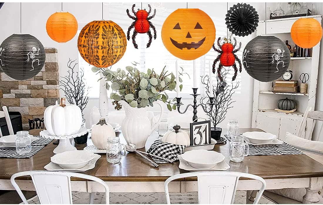 Uniqooo 12Pcs Halloween Hanging Decorations Paper Lanterns, Jack-O'-Lantern Spider Skeleton Pumpkin For Indoor & Outdoor Spooky Home Decor, Party Supplies Props, 12&quot; & 8&quot; (Orange, Black)