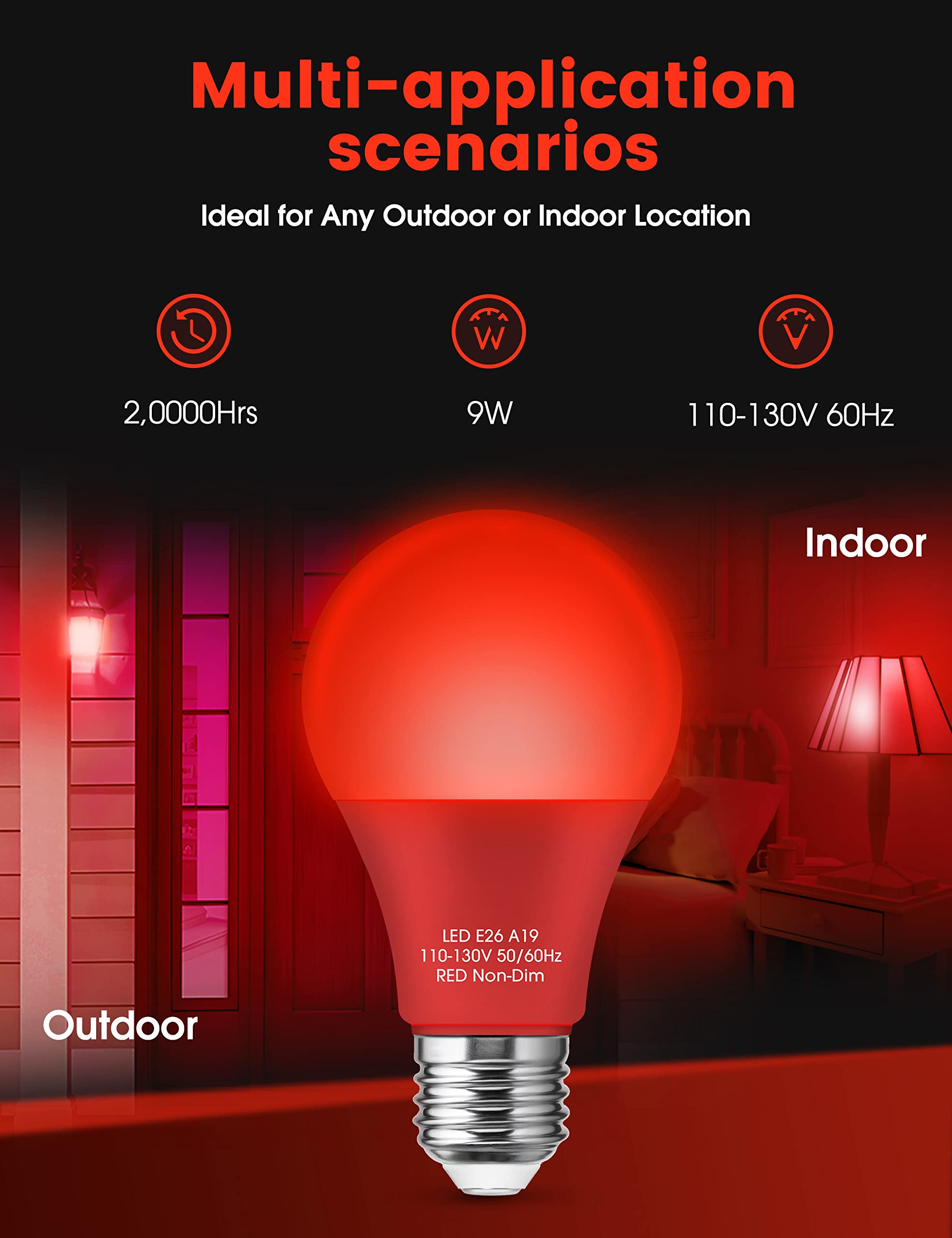 Red Light Bulbs [ 4 Pack] Christmas Light Bulbs 9W (60W Equivalent) A19 Led Red Light Bulbs Indoor/Outdoor, E26 Base Non-Dimmable,720Lm Porch Light, Led Light Bulb For Christmas Day Decorations