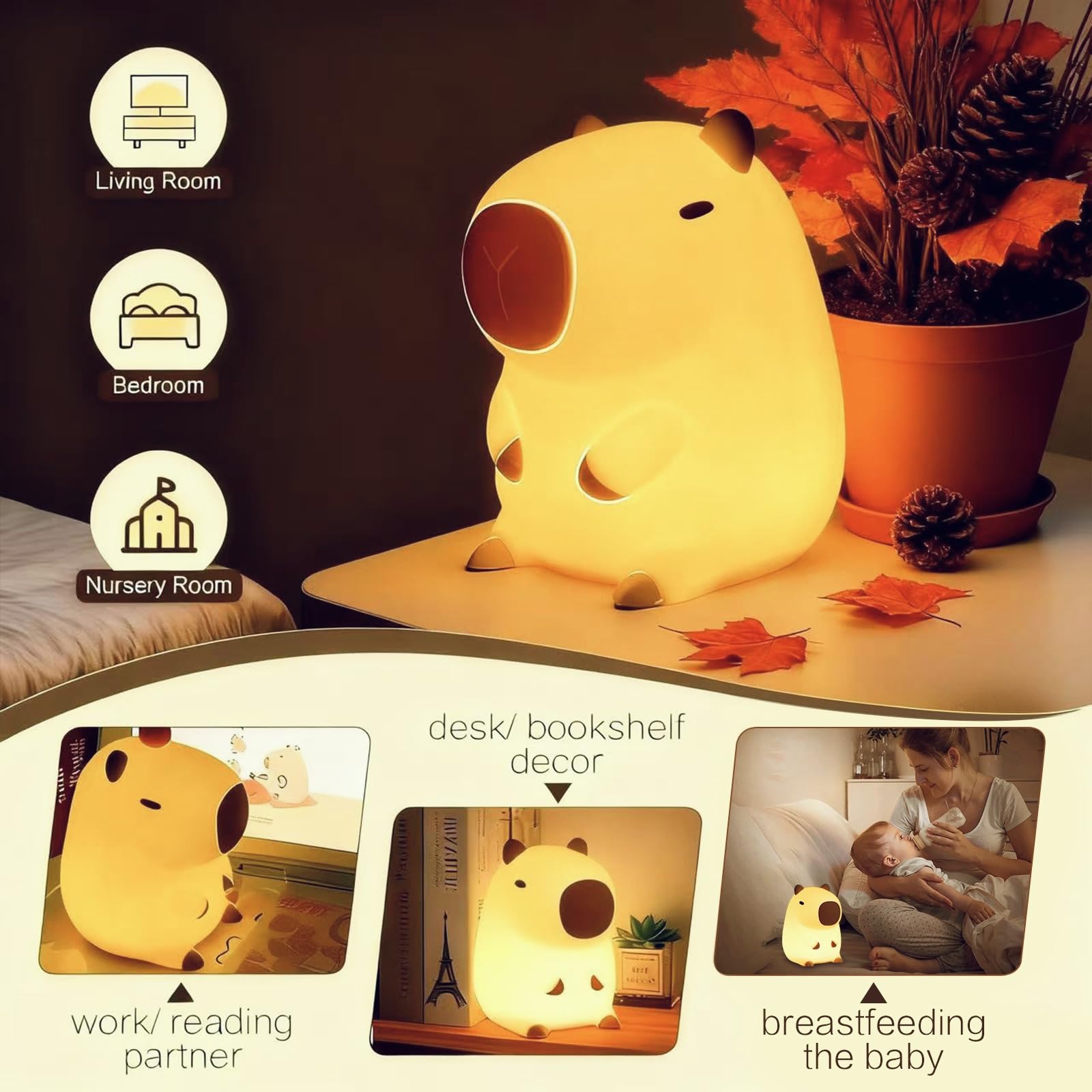 Yr Yrhh-Pet Capybara Cute Night Light  Squishy Capybara Lamp Xmas Gifts Toys  Rechargeable Led Dimmable Silicone Nightlight For Kids  Funny Light Up Capibara  Baby Nursery College Dorm Fall D?Cor