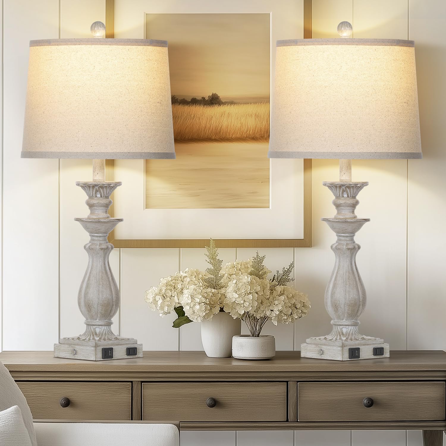 Rinweey 28'' Farmhouse Table Lamps Set of 2 for Living Room 3-Way Dimmable Bedside Lamps with USB C+A Ports, Resin Touch Lamp, V