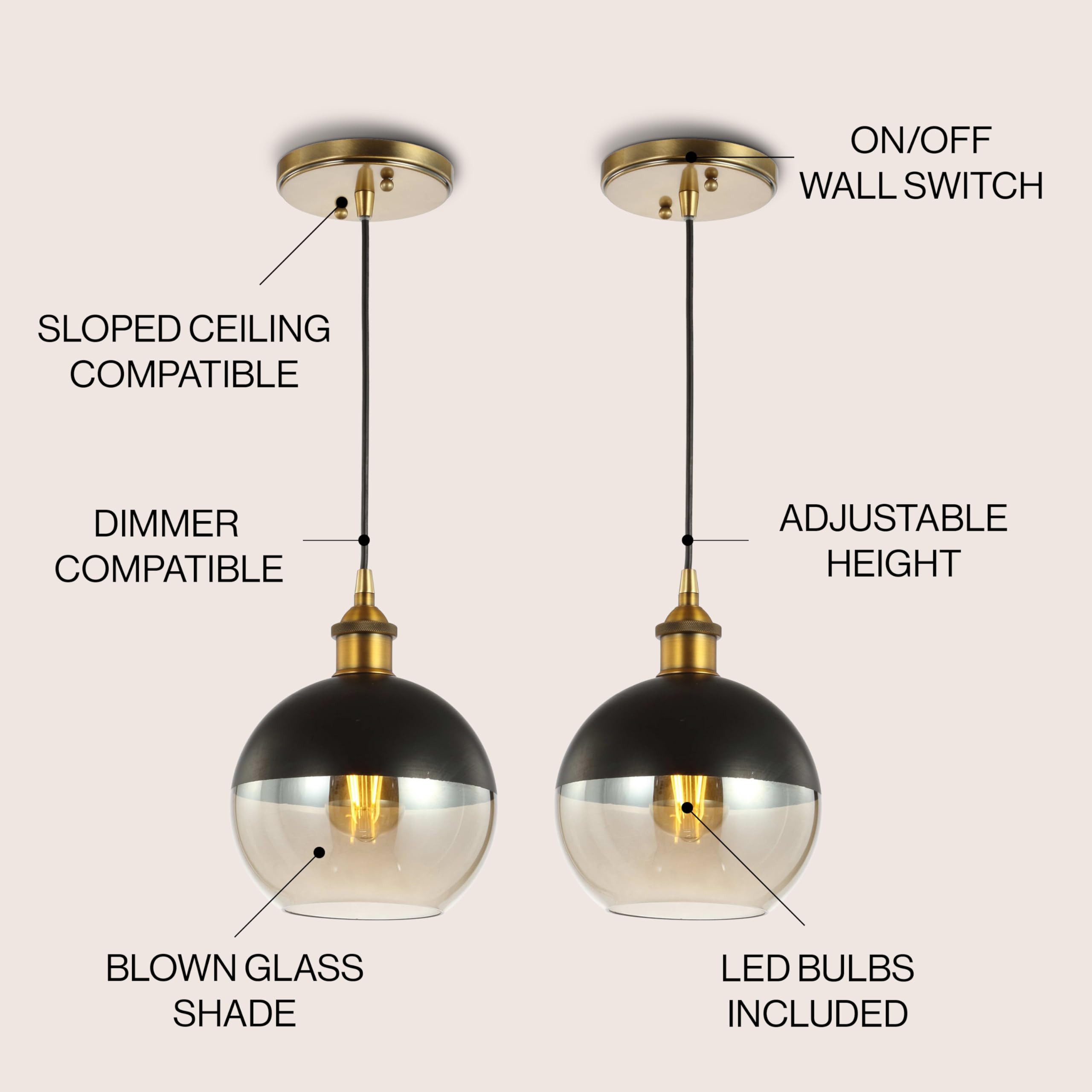 Jonathan Y Jyl3513A-Set2 Nixon 7.5'' 1-Light Mid-Century Modern Metal/Glass Adjustable Drop Globe Led Pendants, For Bedroom, Liv