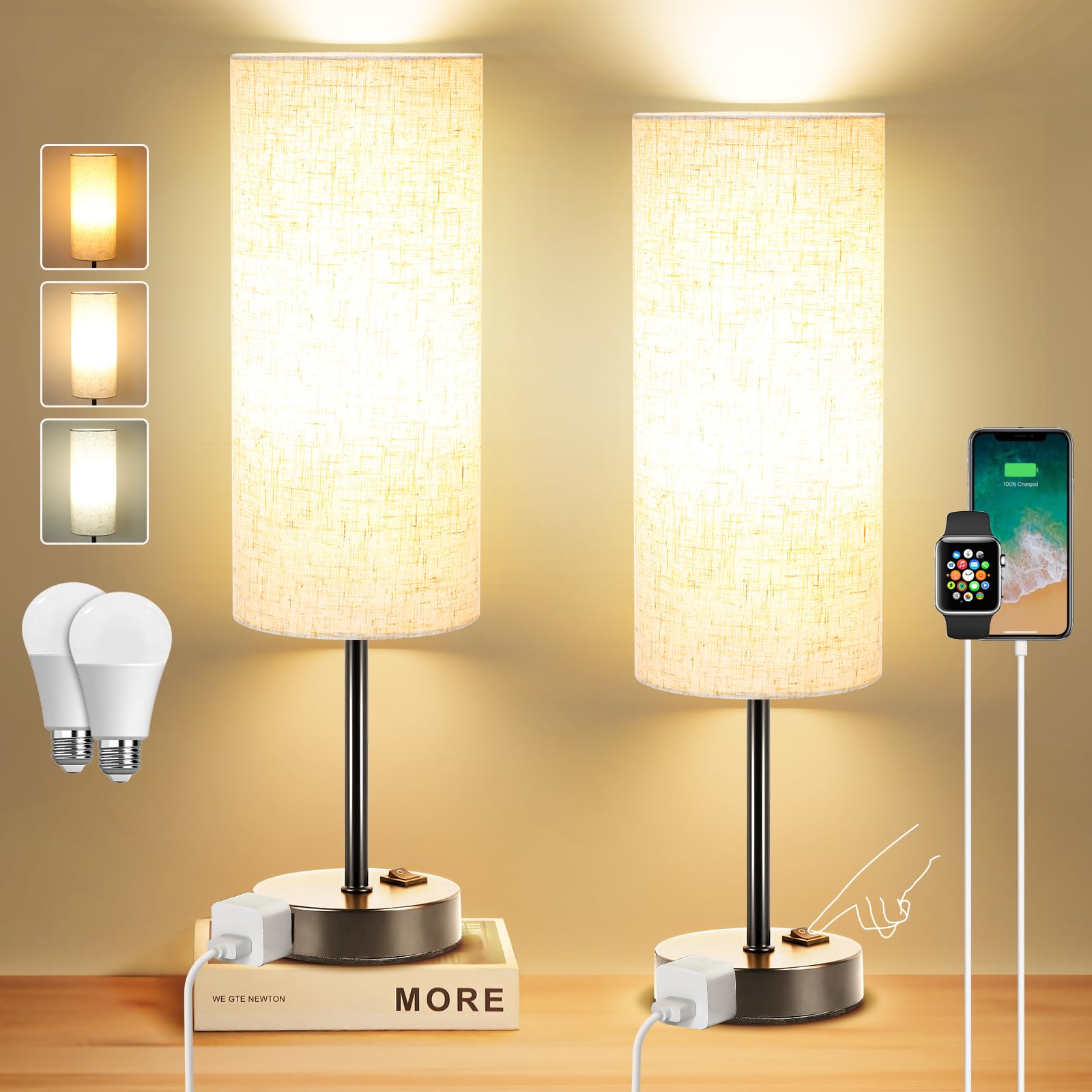 Zjojo Table Lamp For Bedroom 2 Pack,18In Bedside Lamps With 3 Way Dimmable Rocker Switch & Ac Outlet,Nightstand Desk Lamp With F