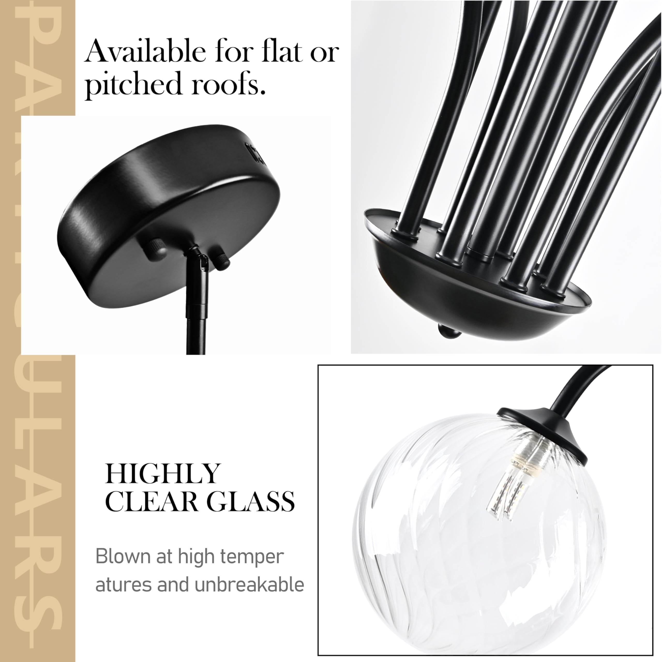 Bagood 8-Light Black Sputnik Chandelier, 38.5” Clear Glass Shade, Metal Fixture, Model DGQ-U08-QH for Bedroom Kitchen