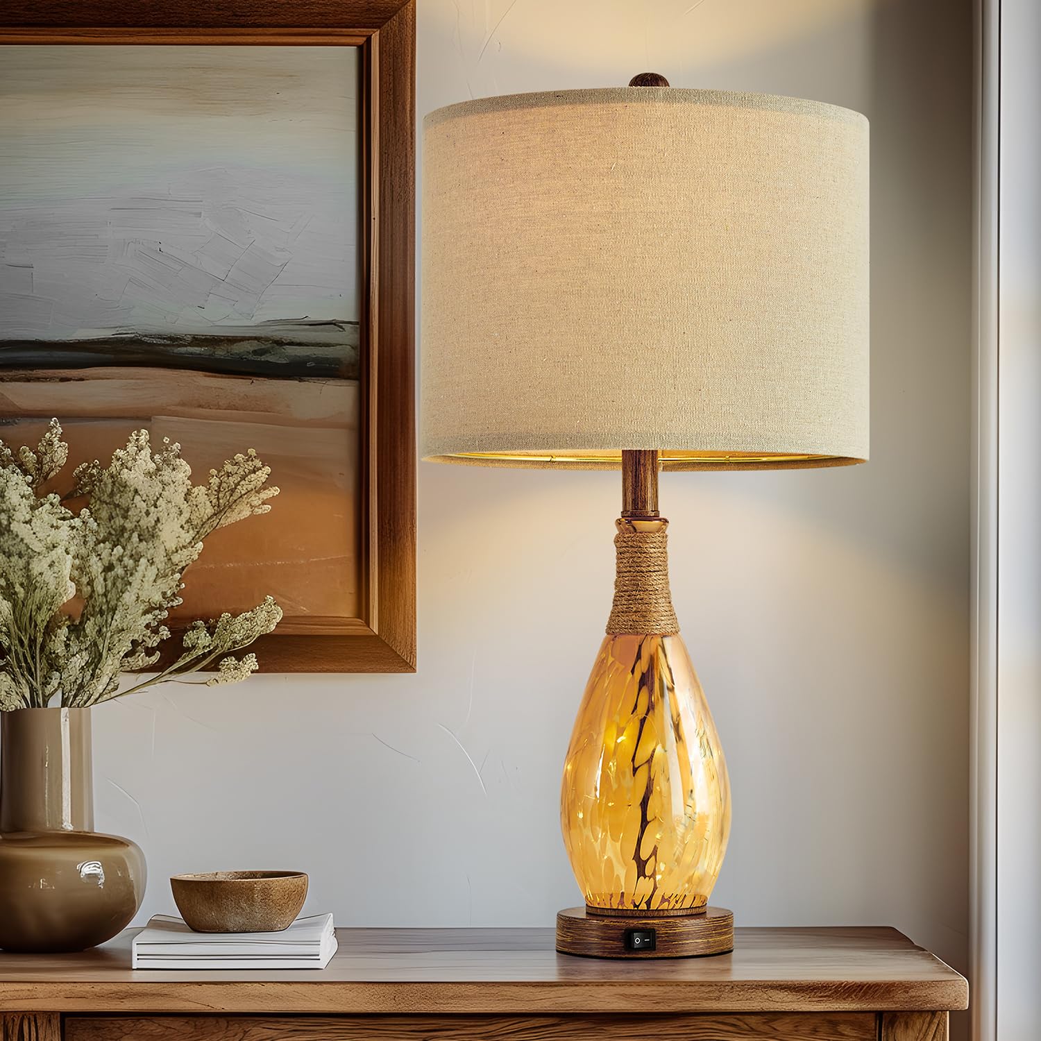 OYEARS 23" USB A+C Table Lamp, Amber Glass & Rattan, Modern Bedside Nightlight, Model AMZ-T1140-U-1