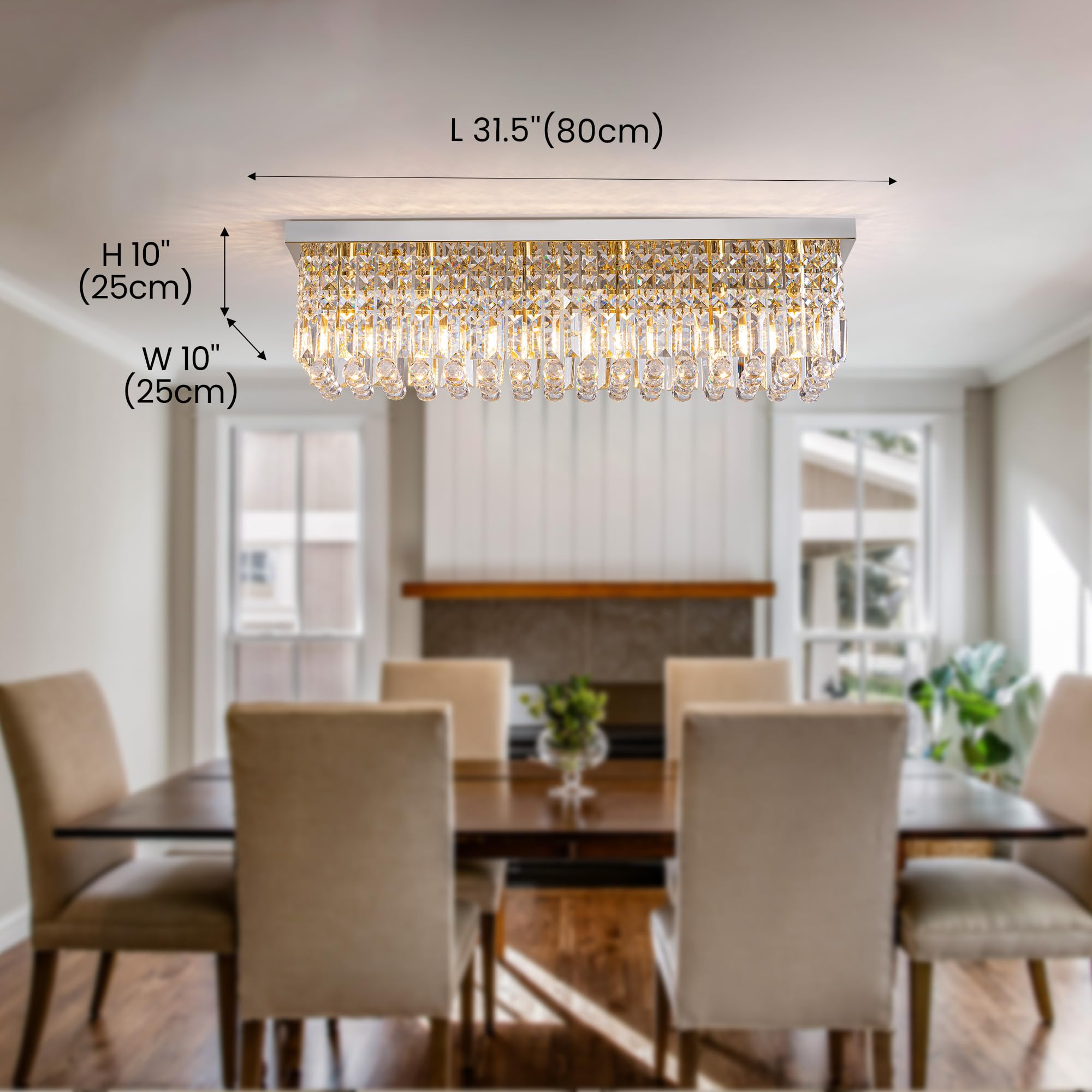 Tinkoso Modern Silver Rectangular Crystal Chandelier,6-Light Chandelier For Dining Room,K9 Crystal Rectangle Chandeliers,59-Inch