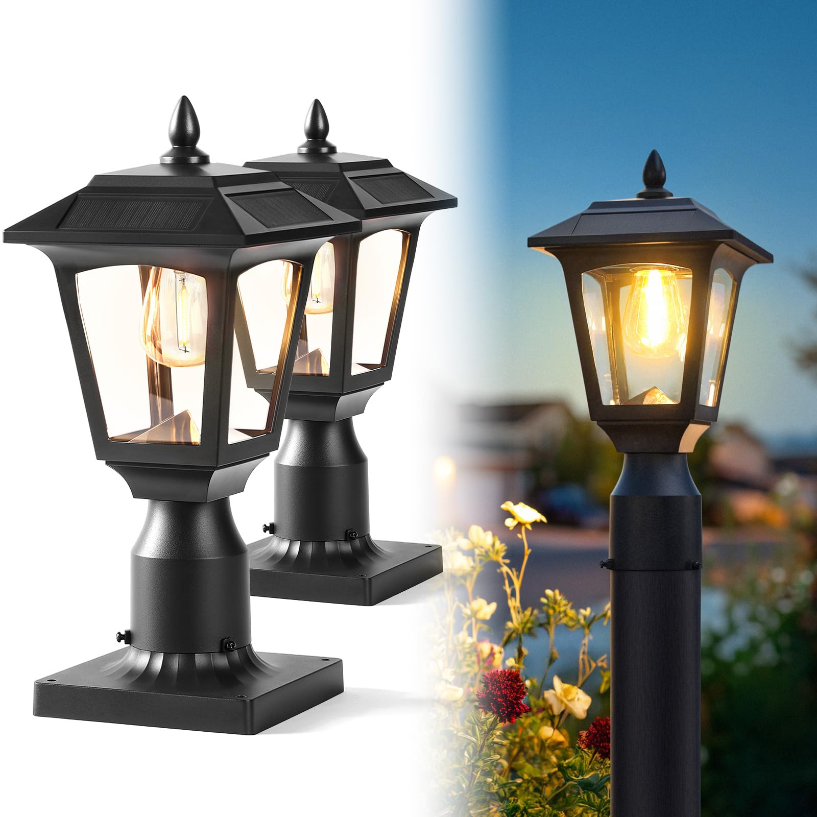 PASAMIC Solar Post Light 2 Pack, 3000K Warm White, Waterproof Aluminum, for Garden, Yard, Patio, Black, Model OPL-ZTD01-001-2PCS