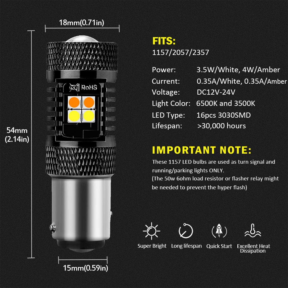 Auxlight 1157 2057 2357 7528 Bay15D P21/5W Switchback Led Bulbs 16Smd Chipsets Parking Lights / Daytime Running Lights / Drl And Turn Signal Lights With Projector Replacement, White/Amber (Pack Of 2)