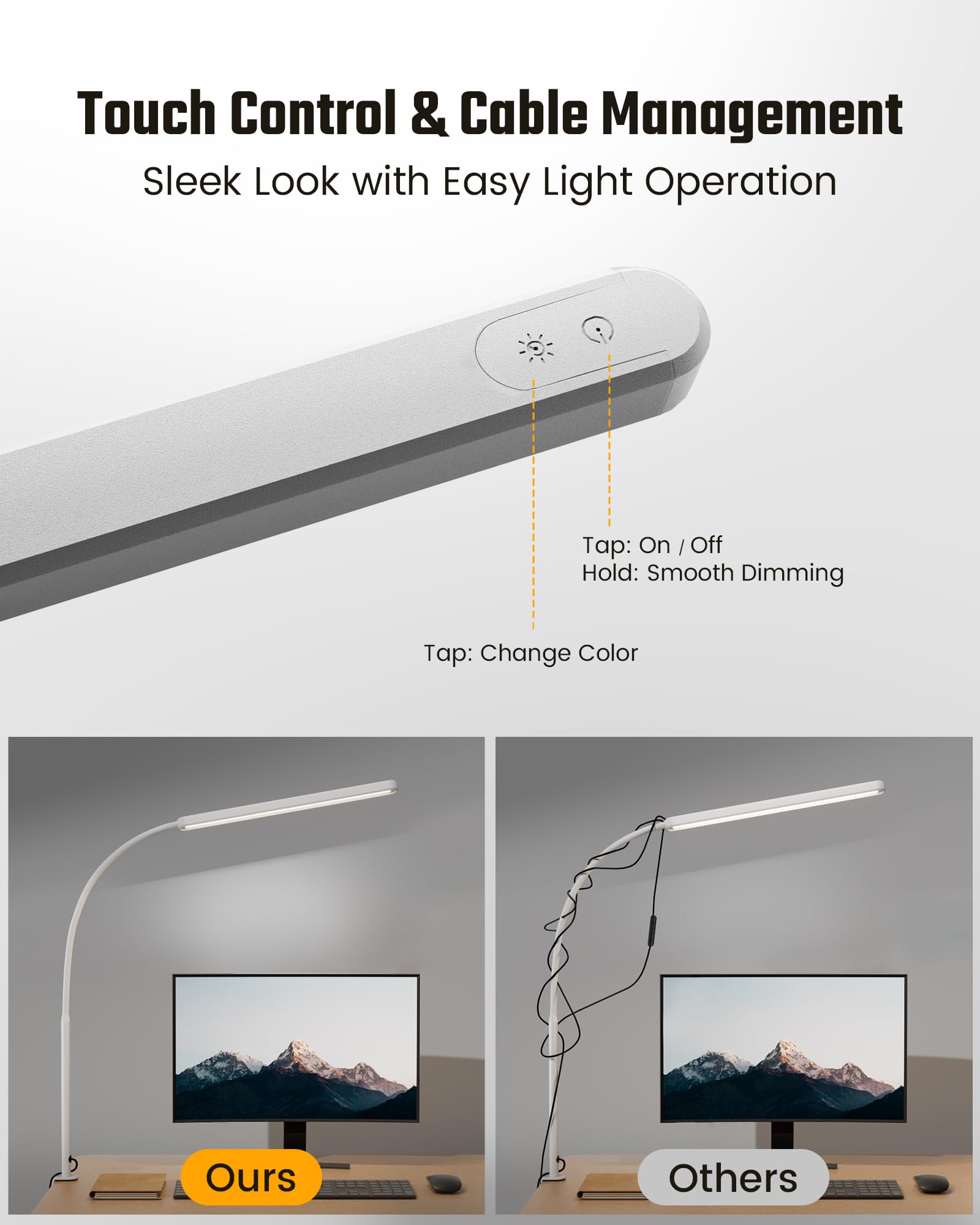 SUPERDANNY Eye-Caring LED Desk Lamp, 360° Flexible Gooseneck, Touch Control, Clamp Mount, Aluminum, White, Model SDDL04