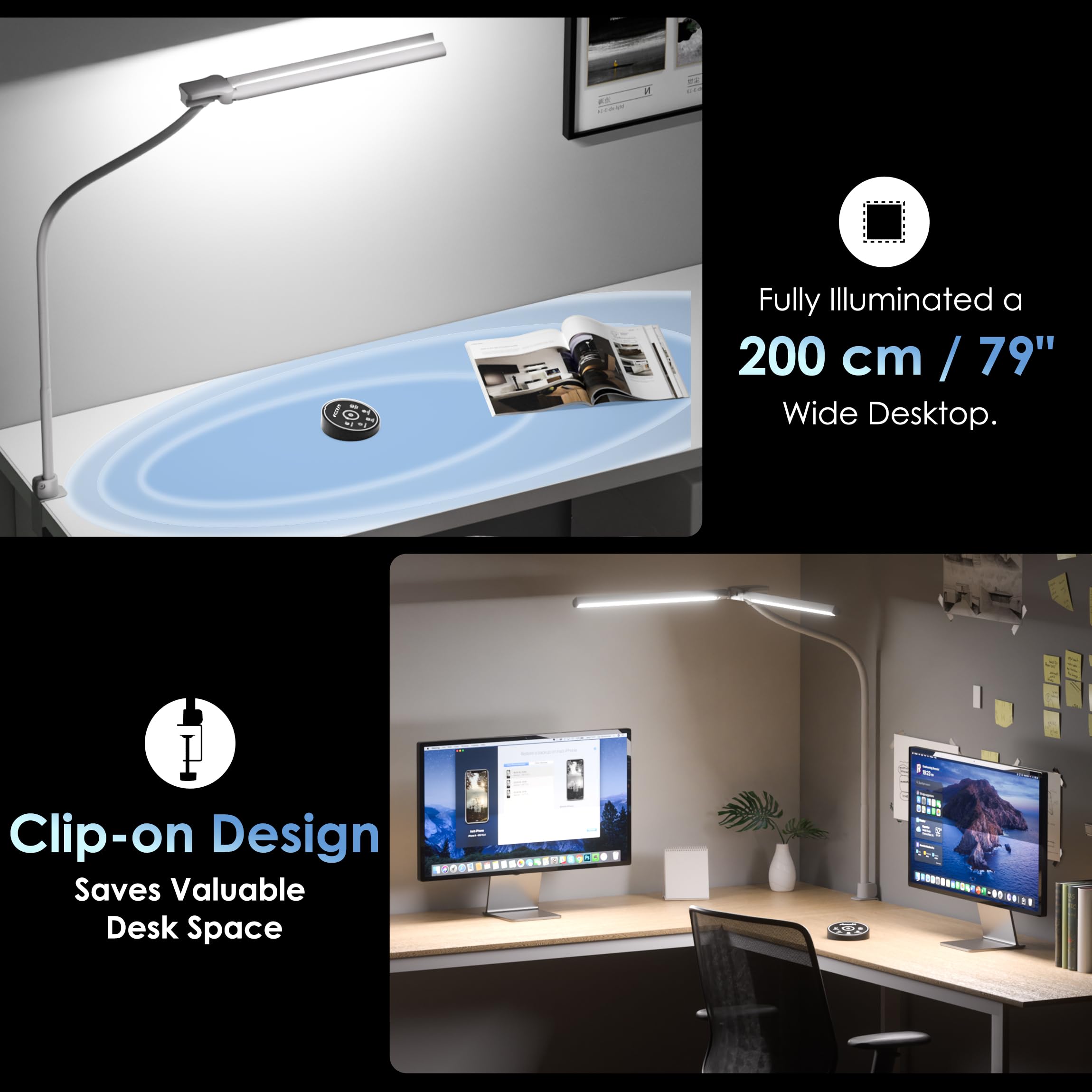 EYOCEAN LED Desk Lamp with Clamp, 31.5in, 24W, Dimmable, Remote Control, White, Model CLED-6601C