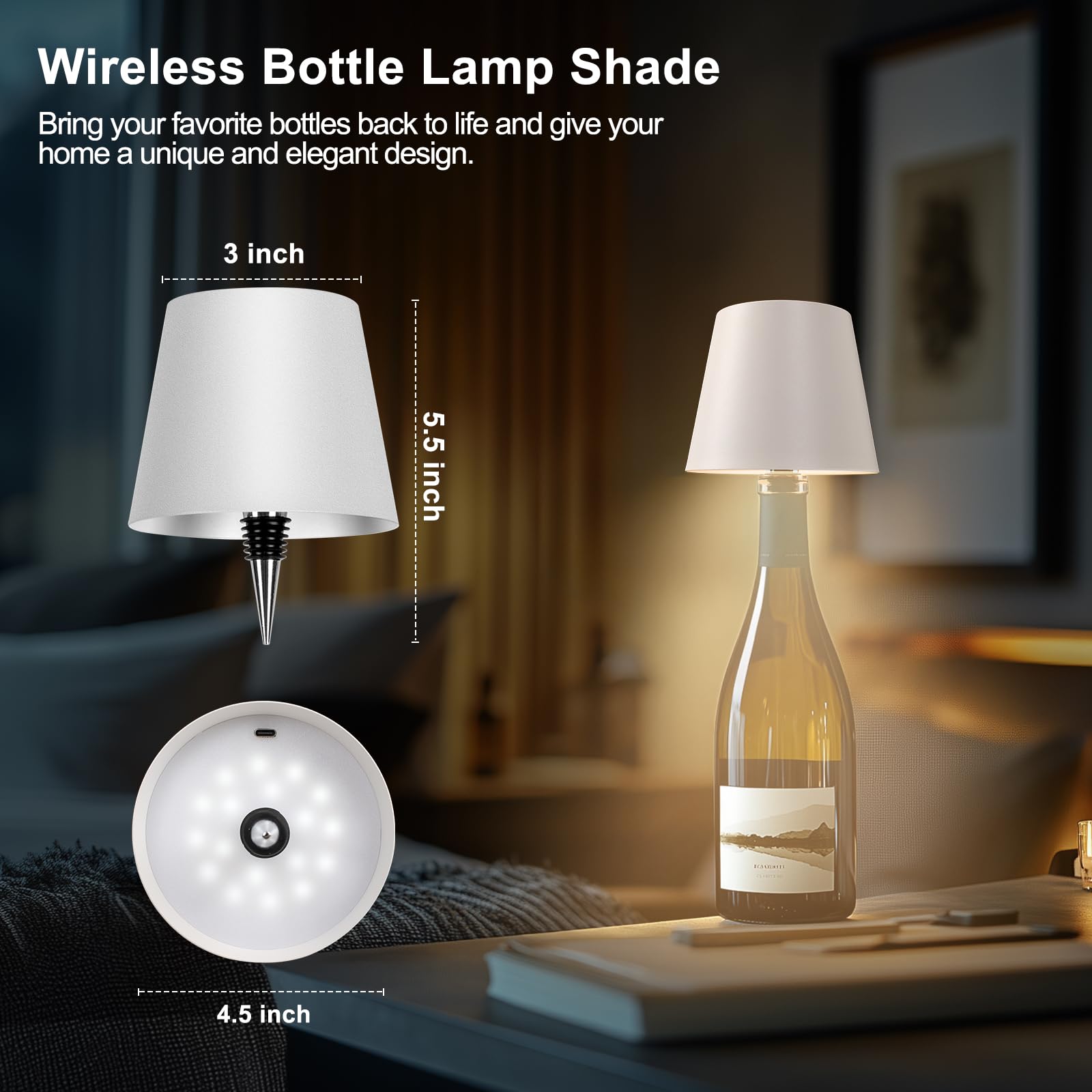 Mebaraul Wine Bottle Lamp, 3600mAh Rechargeable, Touch Dimming, Metal, Model JP001, White