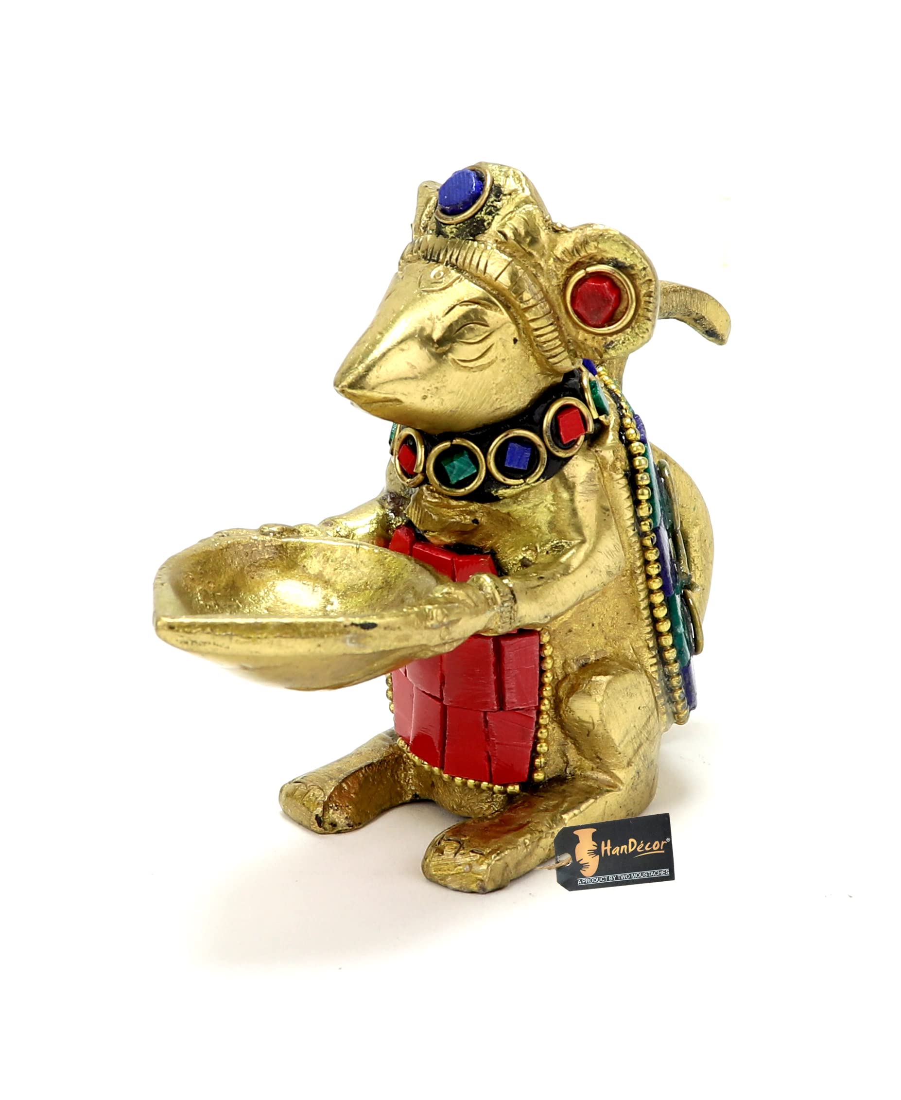 Two Moustaches Brass Ganesha Diya Mouse Holding Oil Lamp, Gold, Model TMP/2244S, Standard, Pack of 1