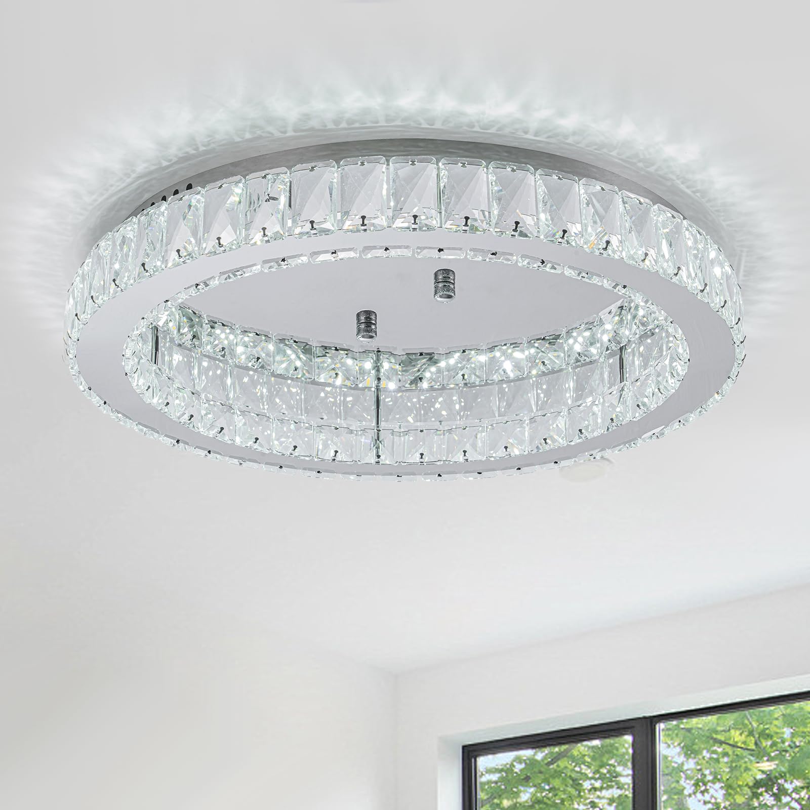 HOPGGIE Crystal Chandelier Light, 18in Round Flush Mount Ceiling Fixture, Cool White, Model HJ-450da-1, for Living Room, Bedroom, Dining Room