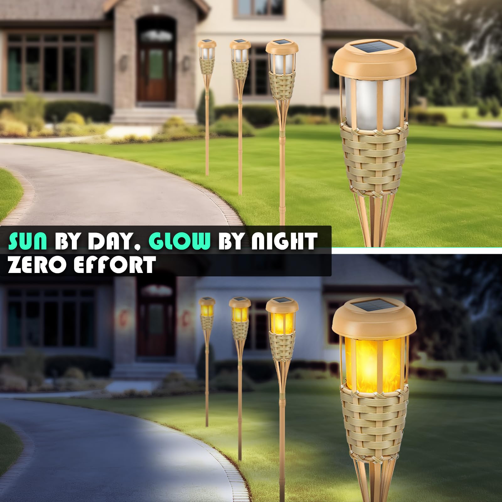 Evelynsun Solar Torch Lights - Flickering Flame Outdoor Decor, 4 Pack, Bamboo