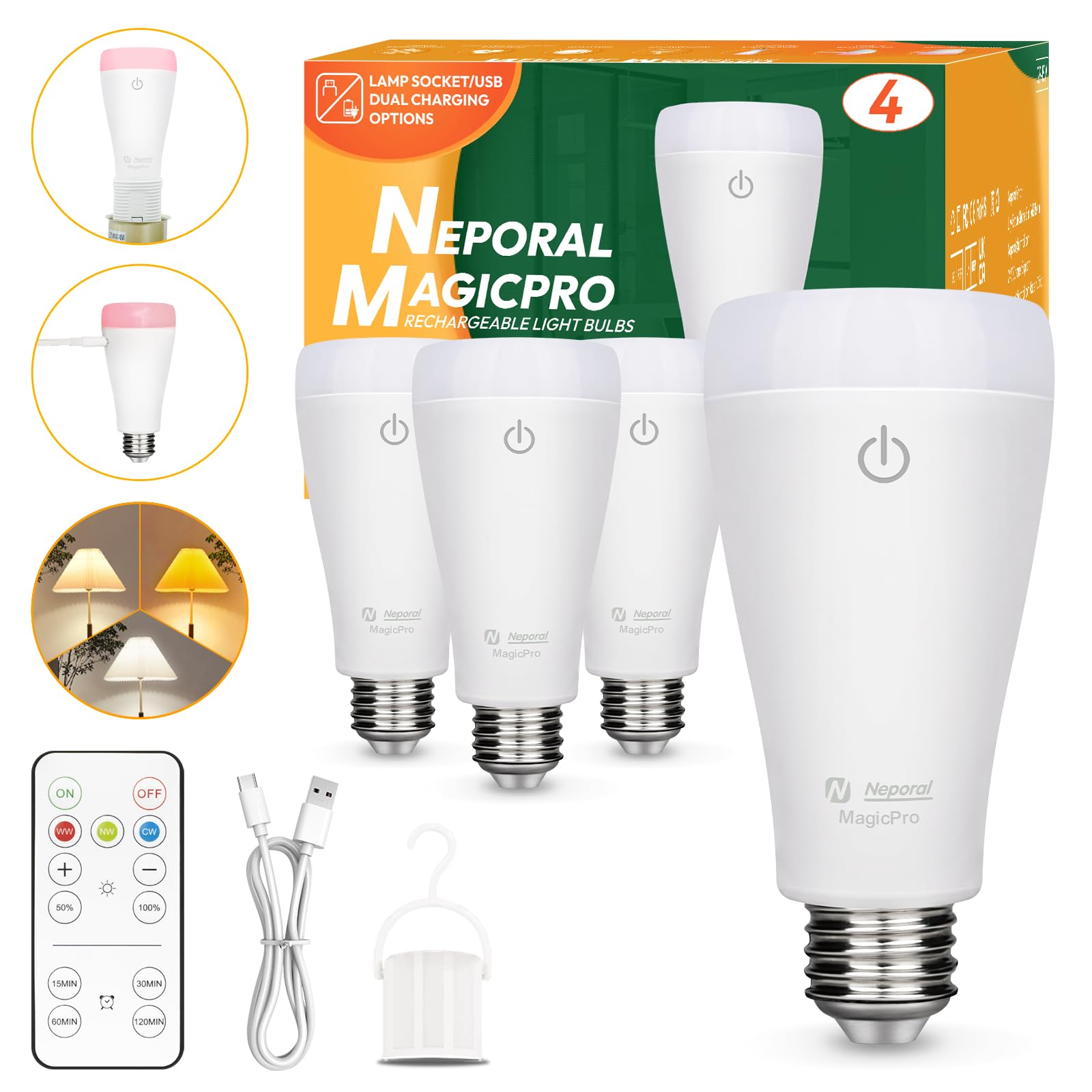 Neporal Magicpro Socket & Usb Rechargeable Light Bulbs With Remote, 2H Fast Charge, 5-50H Battery Life, 3-Color Shifts & Dimmabl