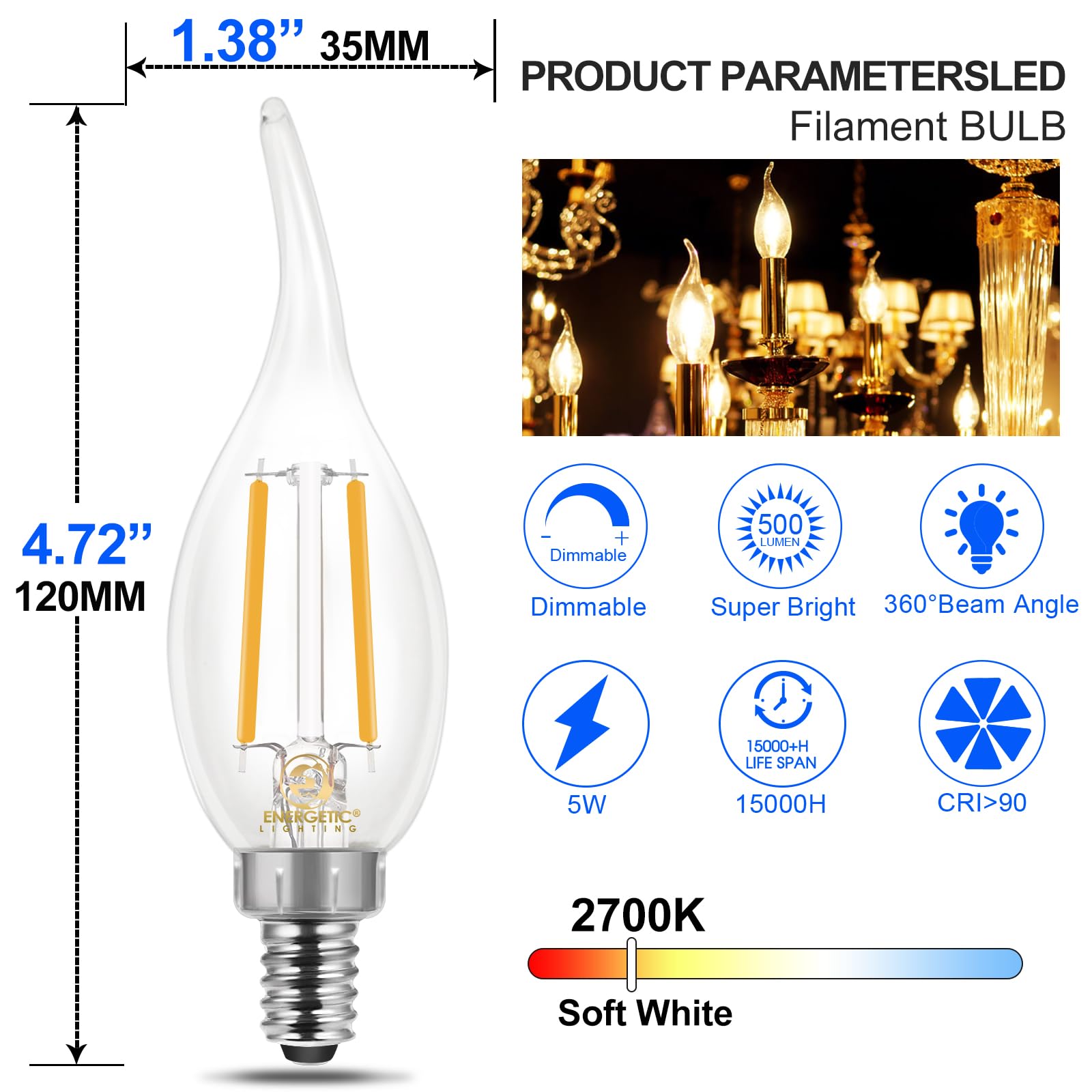 Energetic 12 Pack Dimmable Candelabra Led Light Bulb, Ca11 Shape,Flame Tip Style, 60 Watt Equivalent, 2700K Soft White, E12 Base