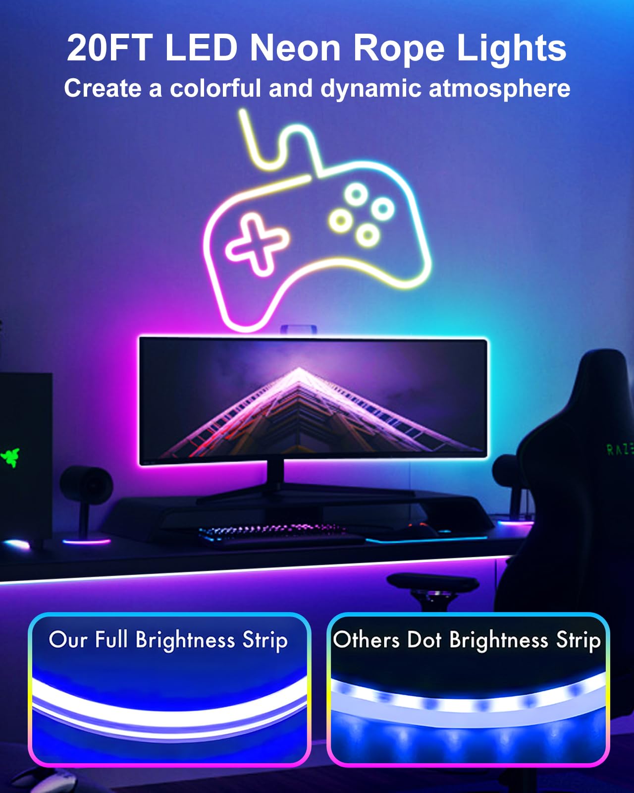 Vrribonx LED Neon Rope Lights, 20FT RGB Waterproof Strip, App/Remote Control, Music Sync, Multiple Modes