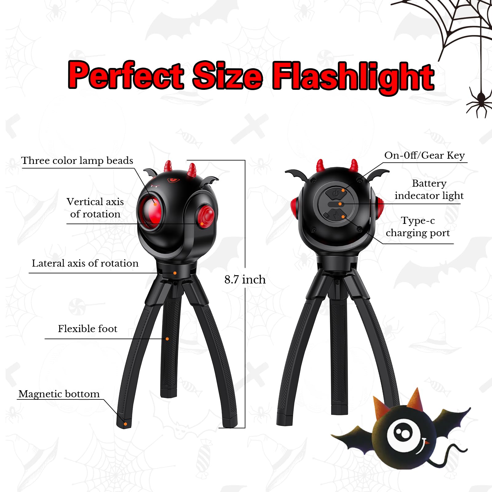 Tolys Bat Kids Flashlight - Rechargeable Led Torch With 8 Color Modes, Usb-C, Fun Flashlight For Boys & Girls, Perfect For Parti