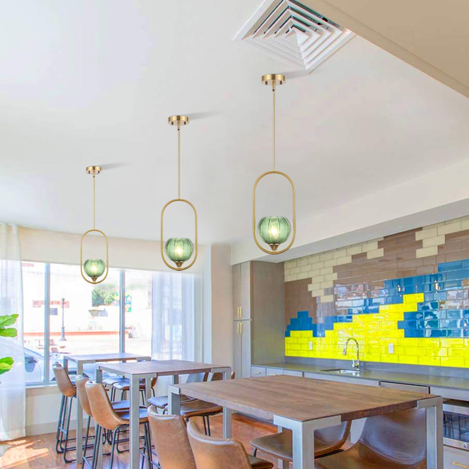 Byoliima Modern Gold Globe Pendant Light With Green Globe Glass Lampshade Mid Century Chandelier 1-Light Brushed Brass Frame Ceiling Hanging Lighting Fixture For Kitchen Island Dining Room Bedroom