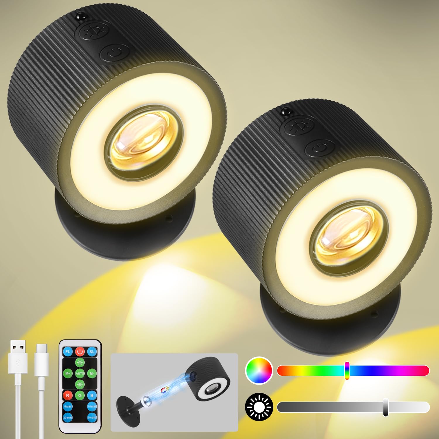 Plomixius LED Wall Mounted Lights, 2 Pcs, 3000mAh Rechargeable, 7 RGB Colors, Dimmable, Black, Model YMX-1011