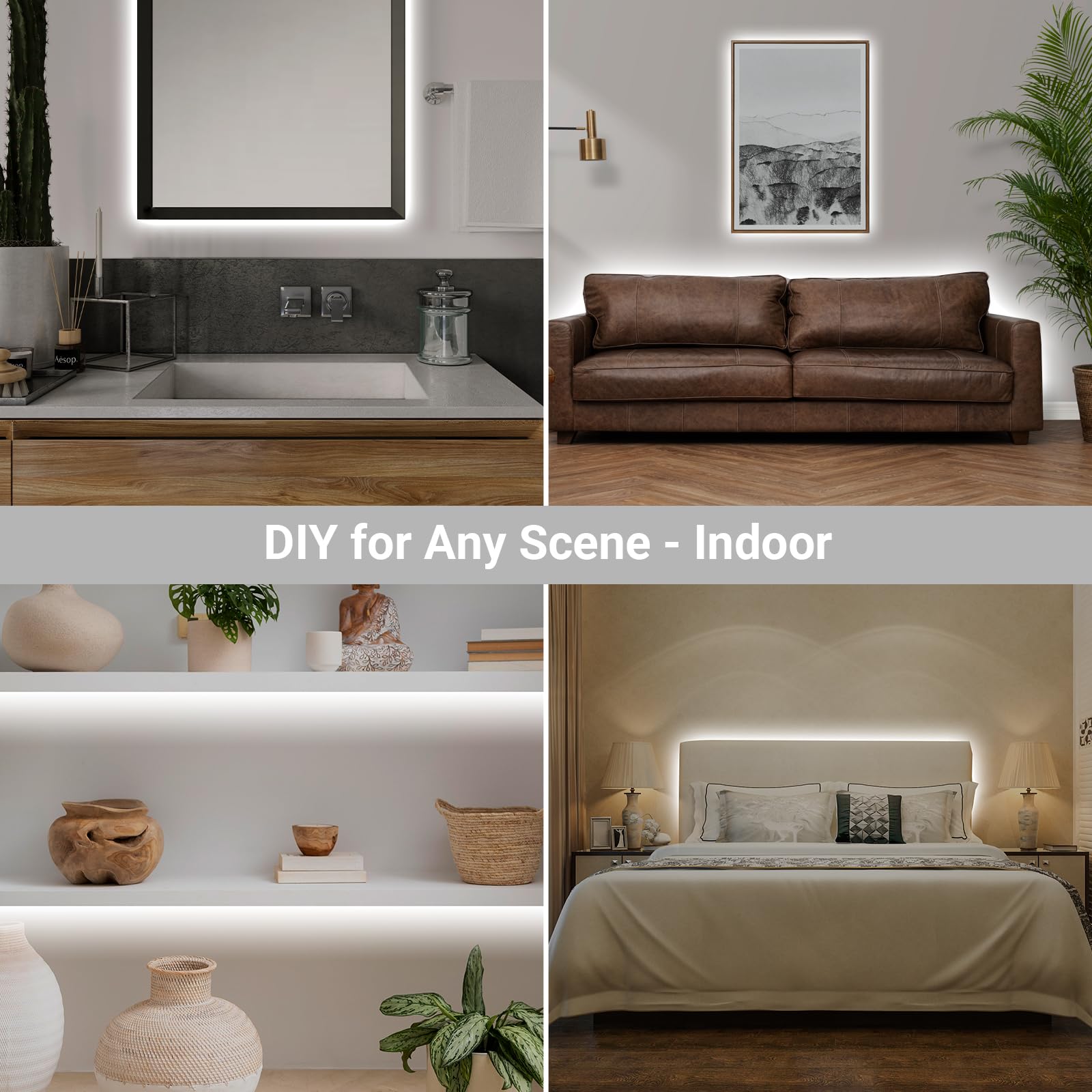 Battery Powered Strip Lights White With Remote, 3.3Ft Led Strip Light With 8 Modes, Dimmable, Timer, Self-Adhesive, Cuttable, Wa