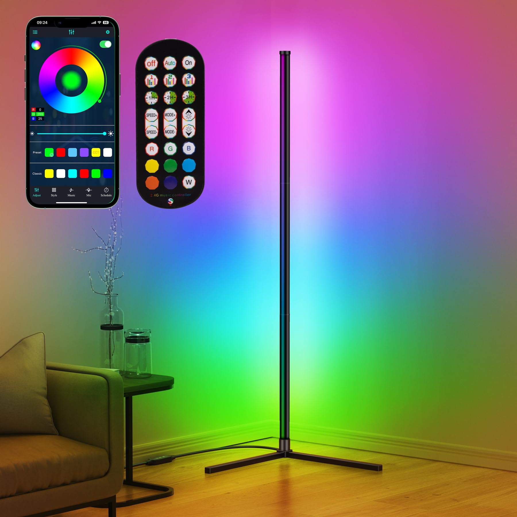 LED Corner Lamp, RGB Corner Floor Lamp with APP and Remote Control, 16 Million Colors & 68+ Scene Color Changing Ambience Light 