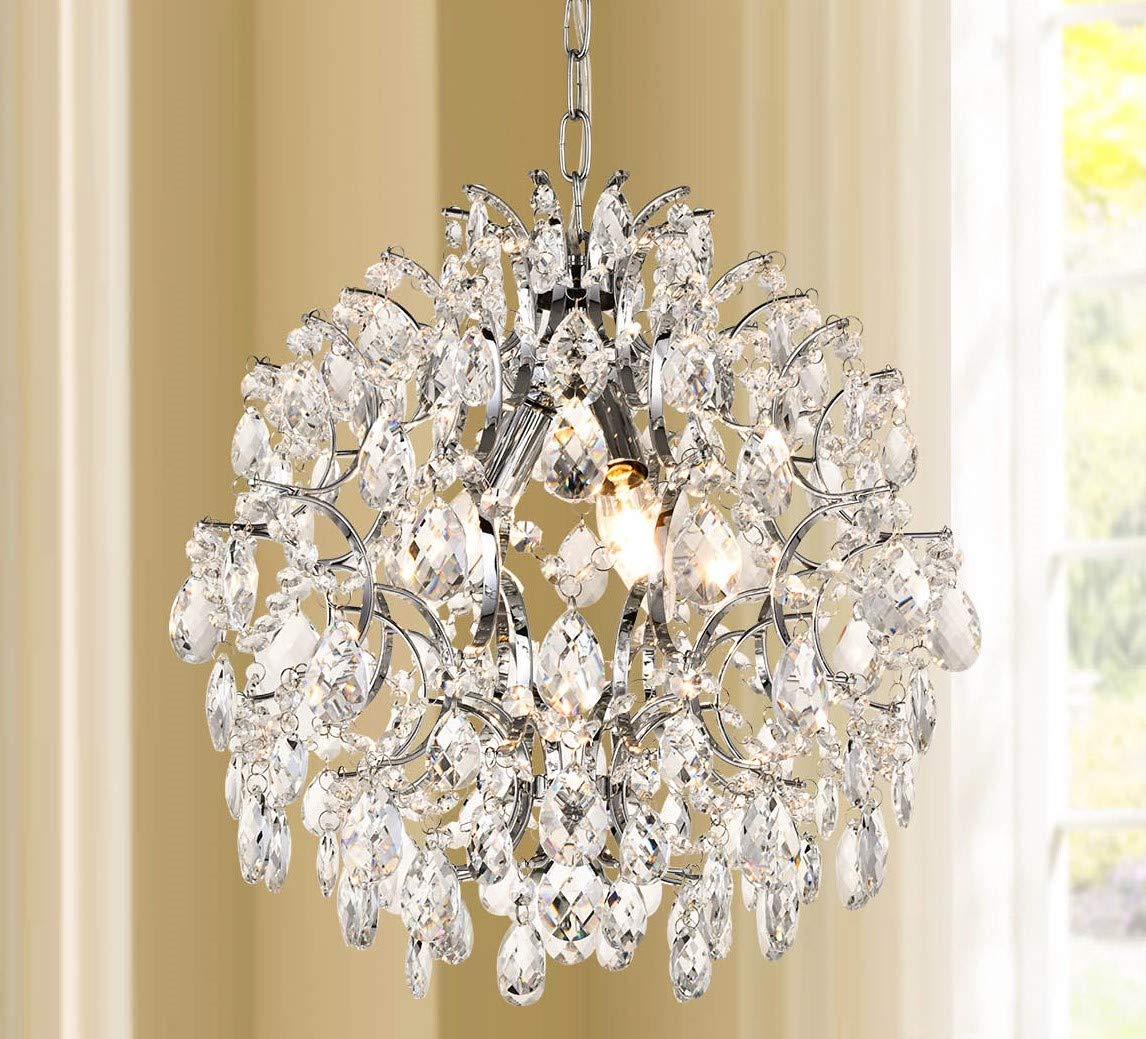 Bestier Modern Pendant Chandelier, Crystal Raindrop Design, 16 D X 18 H, Chrome Finish, 3 E12 Bulbs Required, Ideal For Dining Room, Bedroom,