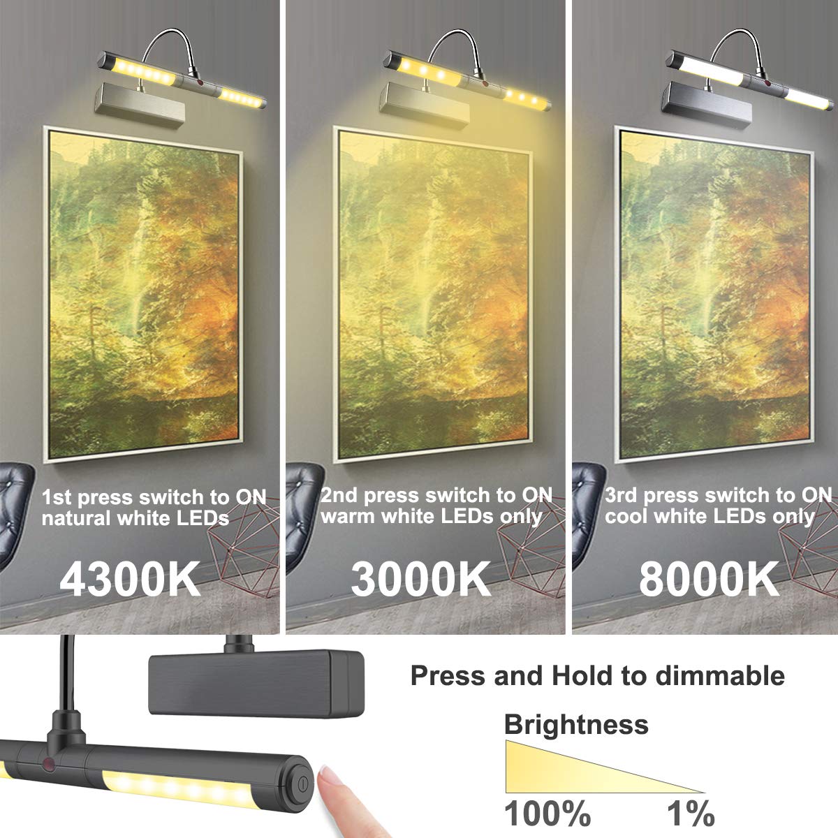 LUXSWAY Wireless Picture Light with Remote, 8.9" Battery-Operated, 3 Brightness Modes, F Black, DY602YW-black