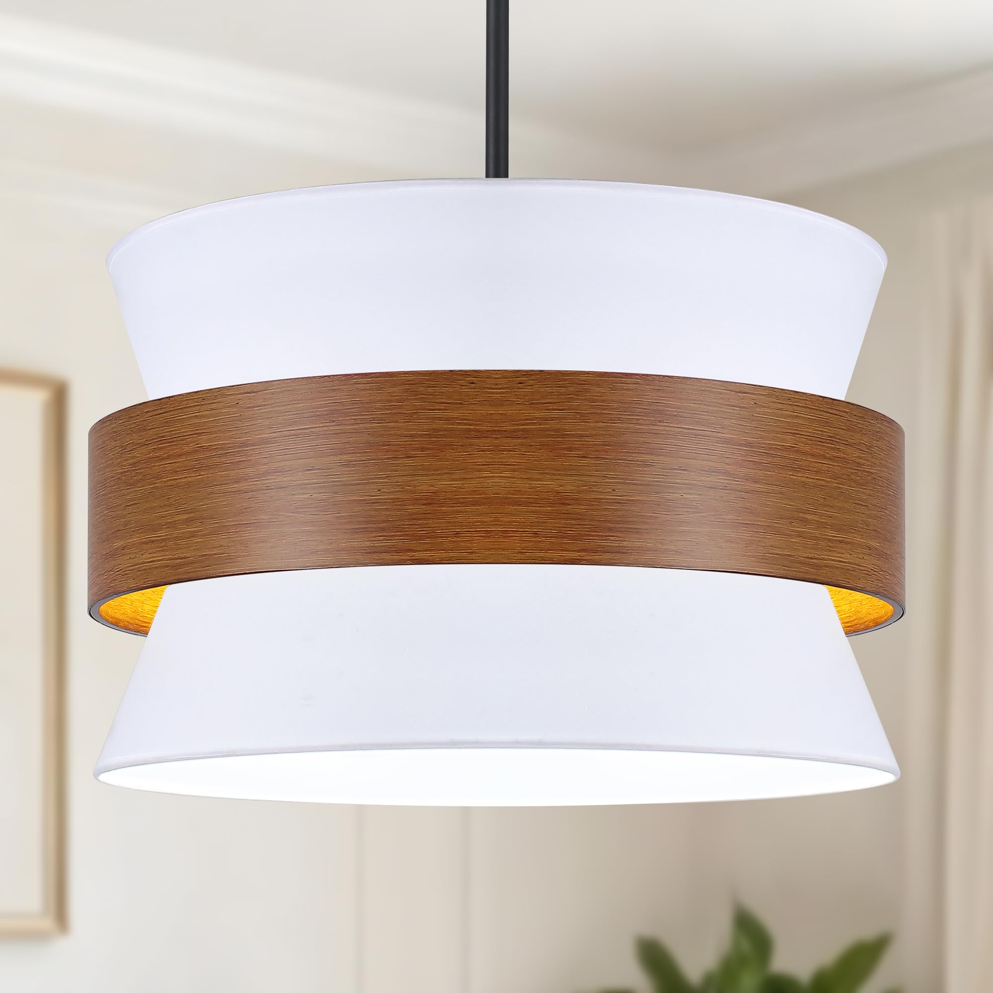 5-Lights White Drum Farmhouse Chandelier 19.68 Modern Large Fabric Light Fixture Adjustable Rustic Metal Compatible Wood Pendant Light Fixture for Dining Room Living Room Kitchen Island Bedroom