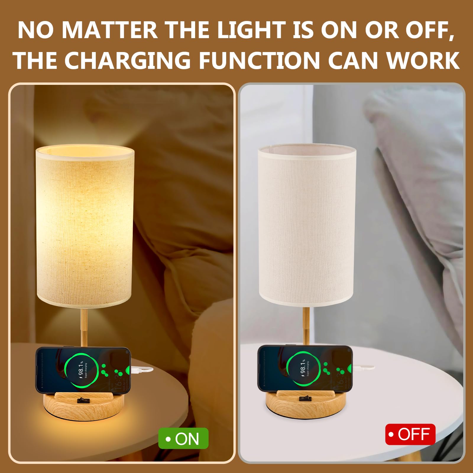 Dreamholder Table Lamp with 3 USB Ports, AC Outlet, Phone Stands, 6.1in Round, Cream Linen Shade, Model DH9099, Pack of 2