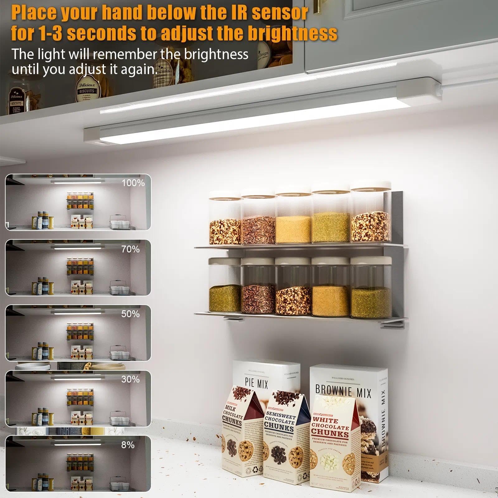 2Pcs 16 Inch Under Cabinet Lights With Hand Wave  Under Counter Lighting 5000K Cold White Dimmable Plug And Play Led Lights For Kitchen Cabinet  Cupboard  Closet  Desk