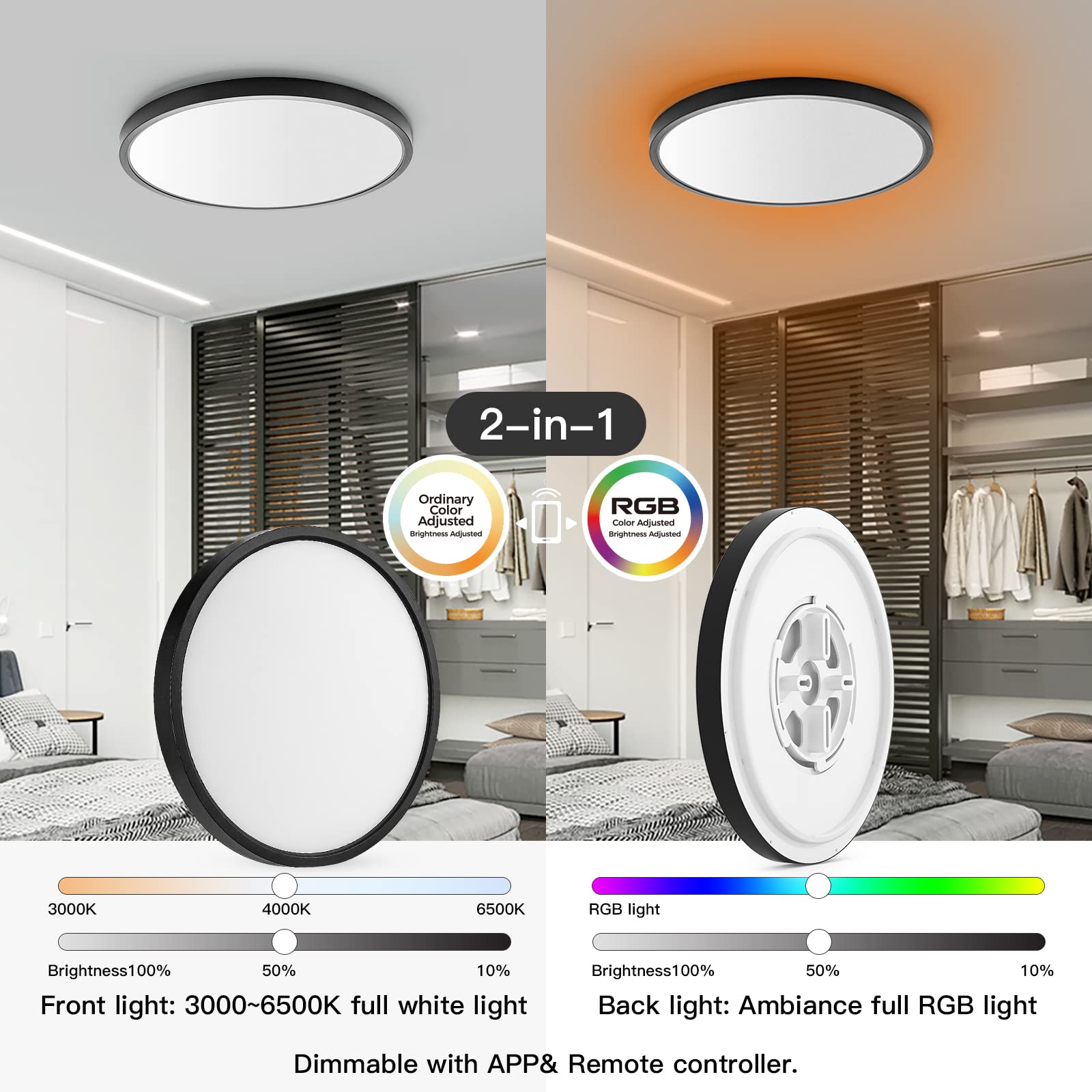 Taloya 2 Pack Black Smart Ceiling Light Flush Mount Led Wifi, Compatible With Alexa Google Home, Dimmable Low Profile Ambient Li