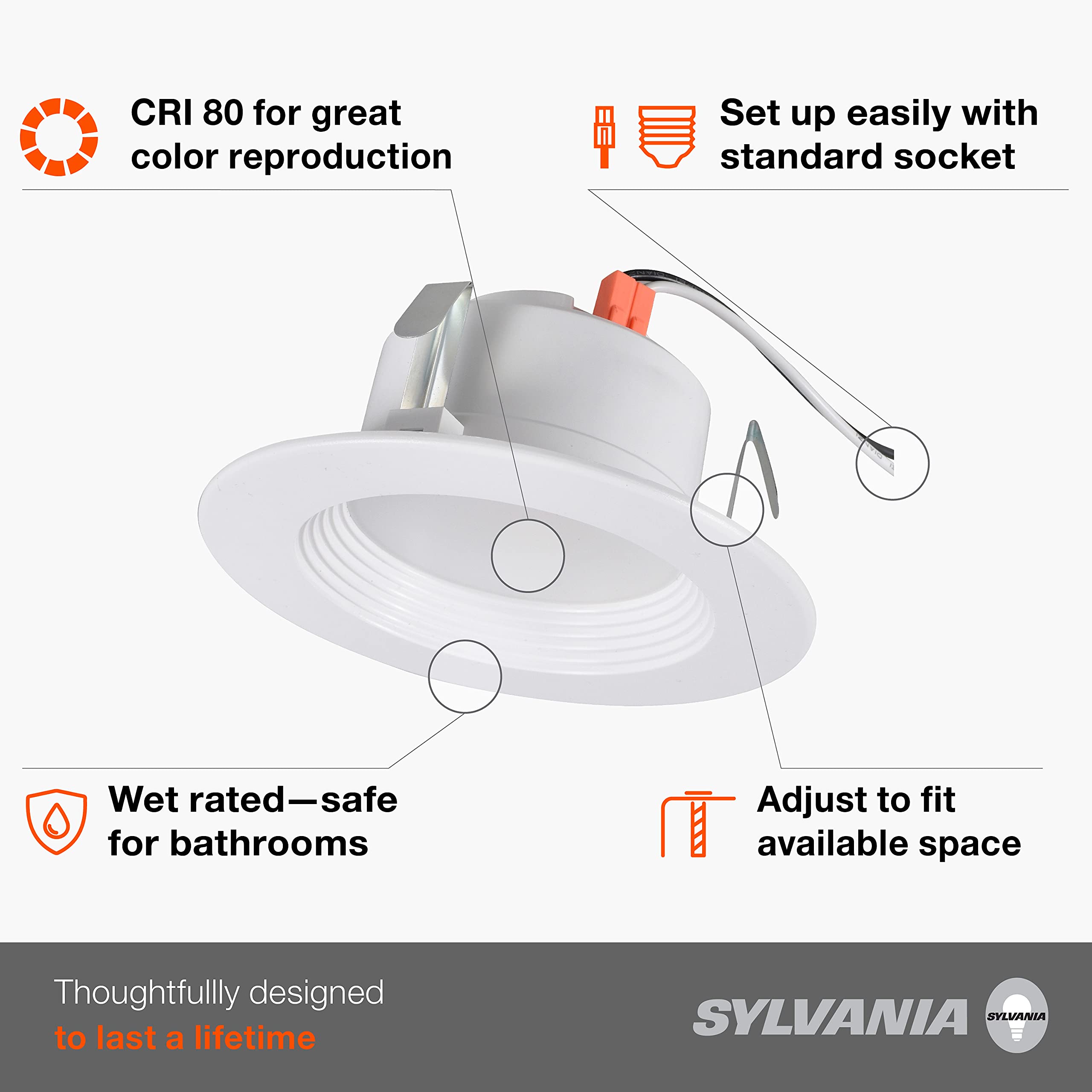 LEDVANCE SYLVANIA 4” Dimmable LED Recessed Downlight, 7.5W=65W, 600 Lumens, White 3000K, Wet Rated
