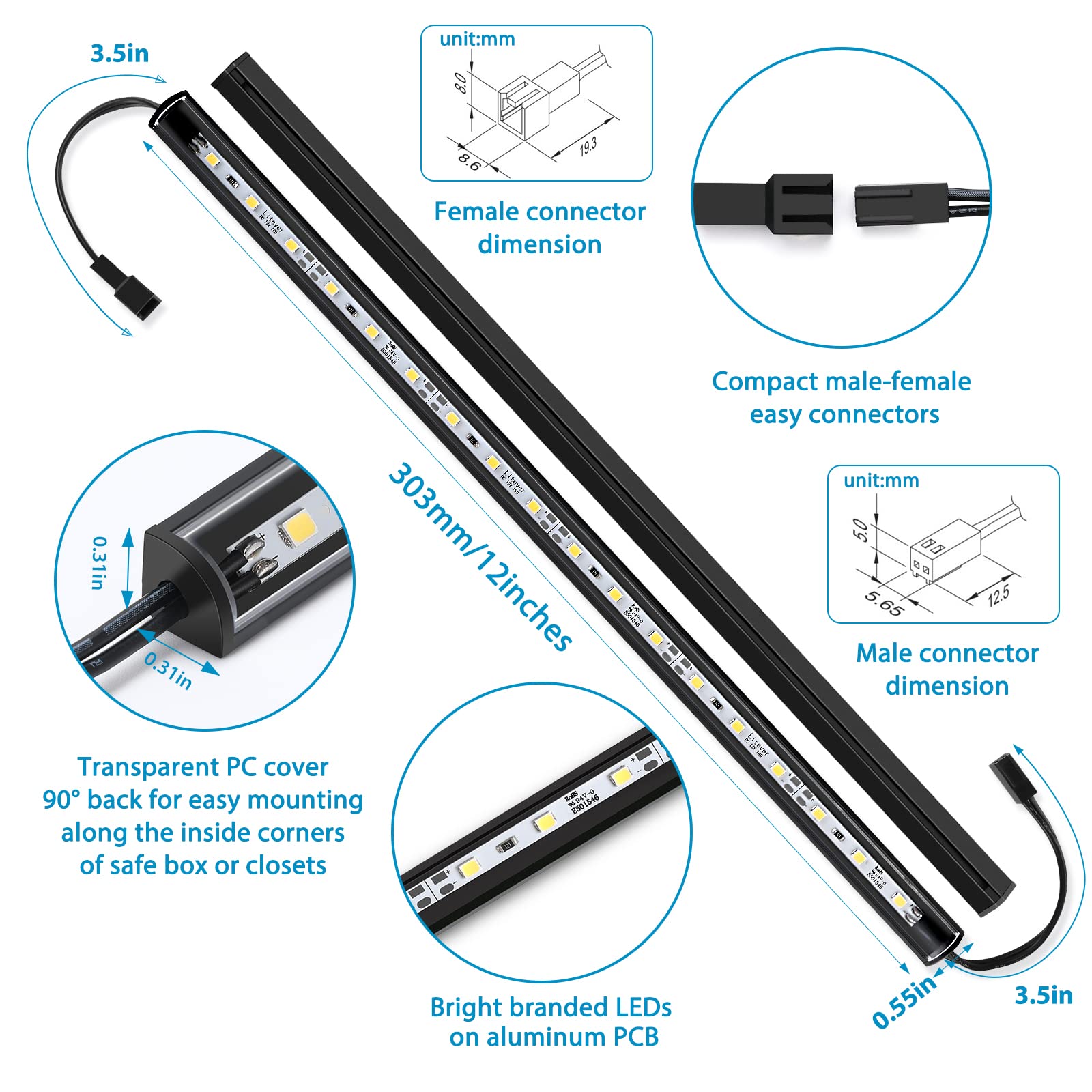 Litever LED Safe Lighting Kit - 6 Slim 12" Light Bars, Linkable, Daylight 5000K, Model LL-027-Safe-50K6BC-12Door for