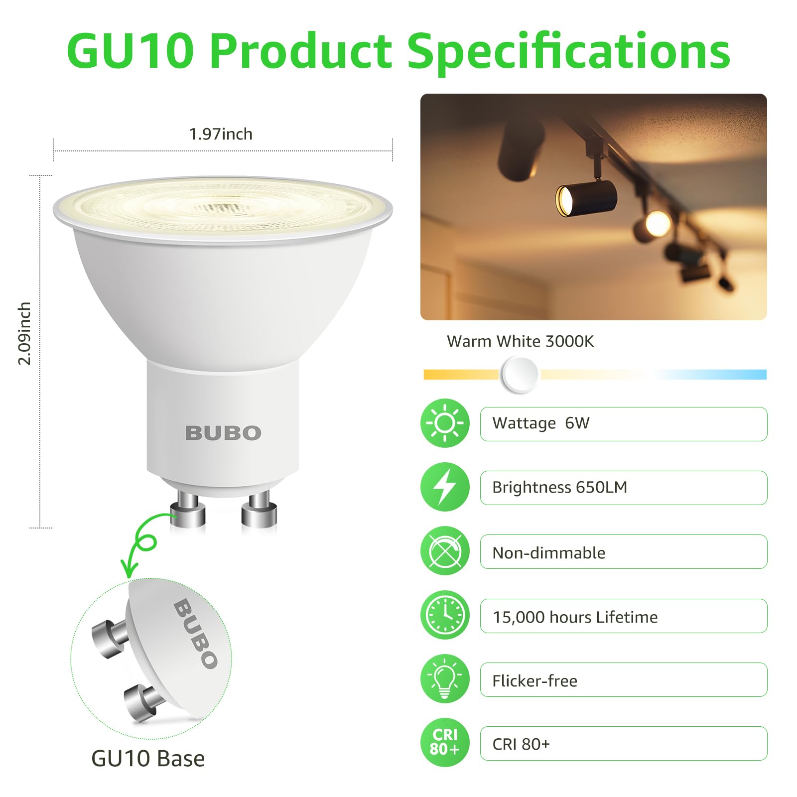 BUBO GU10 LED Bulb 6W Equivalent 650 Lumens 3000K Warm White 10 Pack MR16 Plastic Non-Dimmable