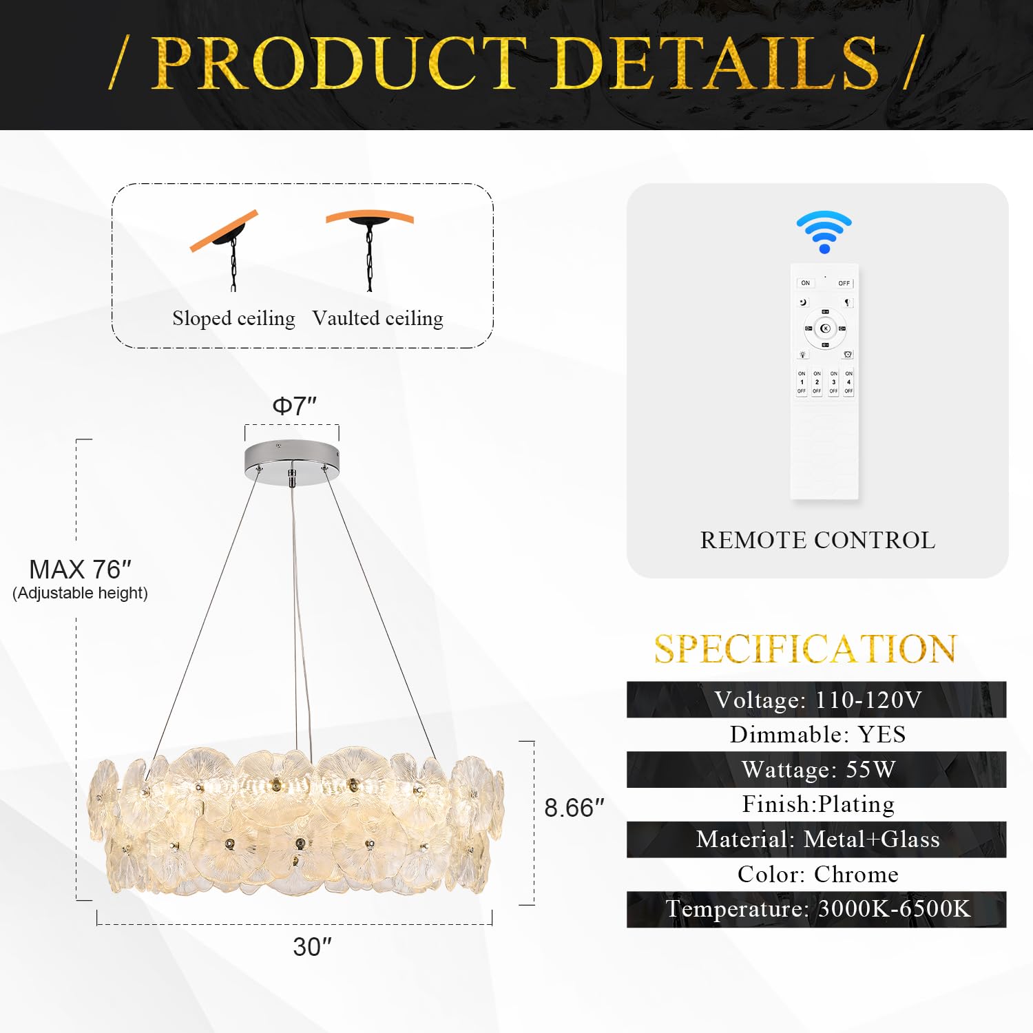 Poemoon 30in Luxury Glass LED Chandelier, Chrome-Lotus, Dimmable 3000-6500K, Model 56-800C, Remote Control for High Ceiling Spaces