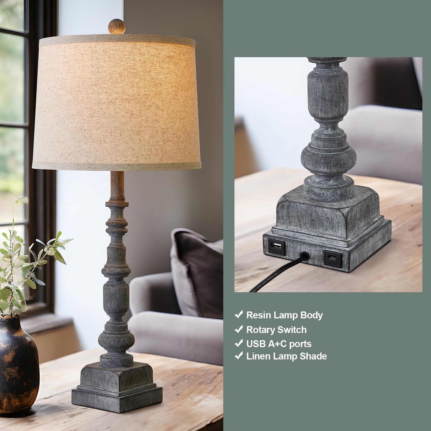 Oneach Vintage Farmhouse Table Lamps Set of 2, USB A+C Ports, Antique Grey, Mid Century Style, Model AMZ-T336USB-ANG