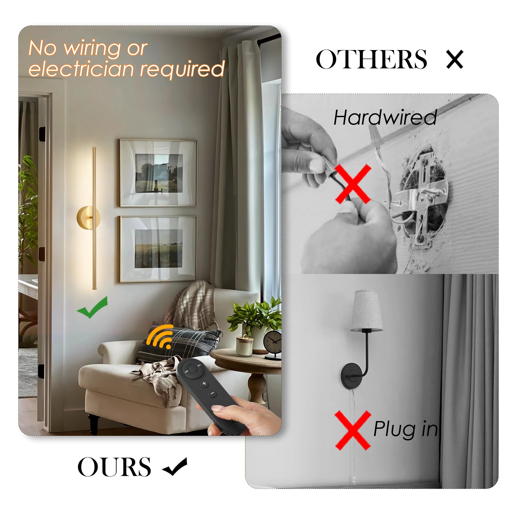 Kartoosh Battery Operated Wall Sconces  Dimmable Wall Sconces Set Of Two  350Rotate  3000K Led Gold Wireless Wall Light For Living Room  Bedroom  Hallway  32.2 Inch (2 Pack)