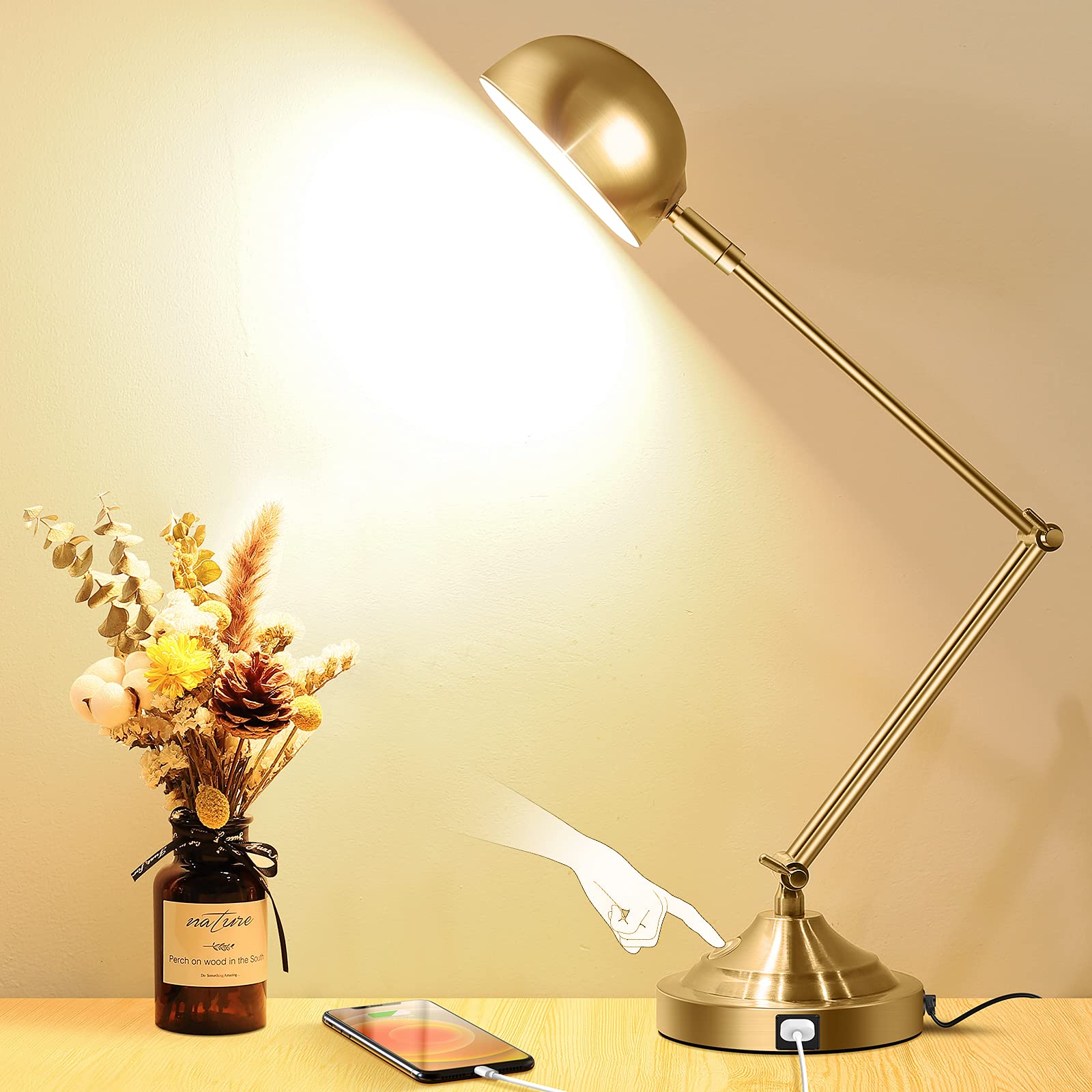 Tobusa Gold Dimmable Desk Lamp With Usb Port, Touch Control, 3 Color Modes, Brass Retro Style