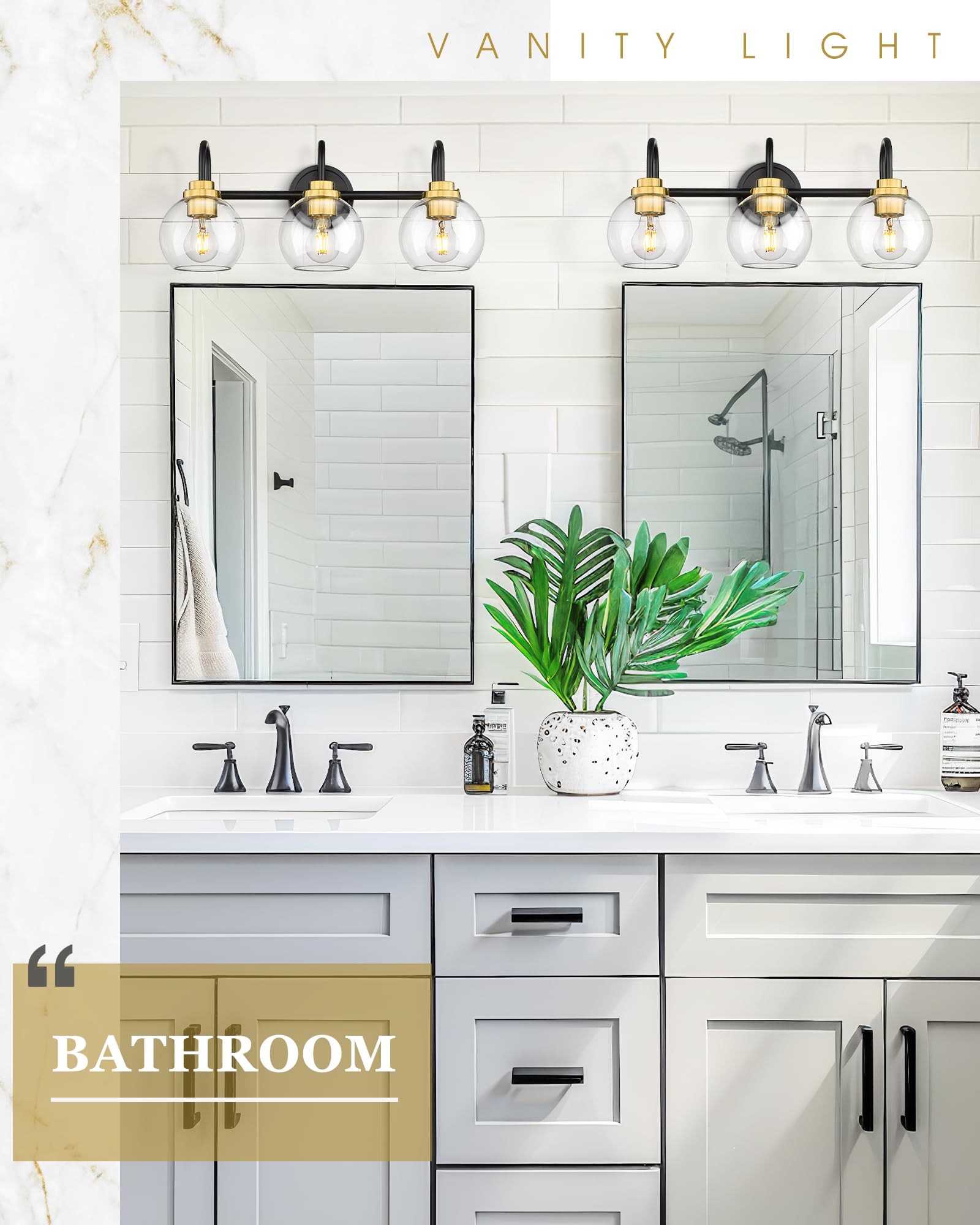 Audickic Bathroom Light Fixtures  3-Light Black And Gold Vanity Lights With Globe Clear Glass  Modern Vanity Lighting Fixtures Over Mirror  Ad-22280-3W-Kg