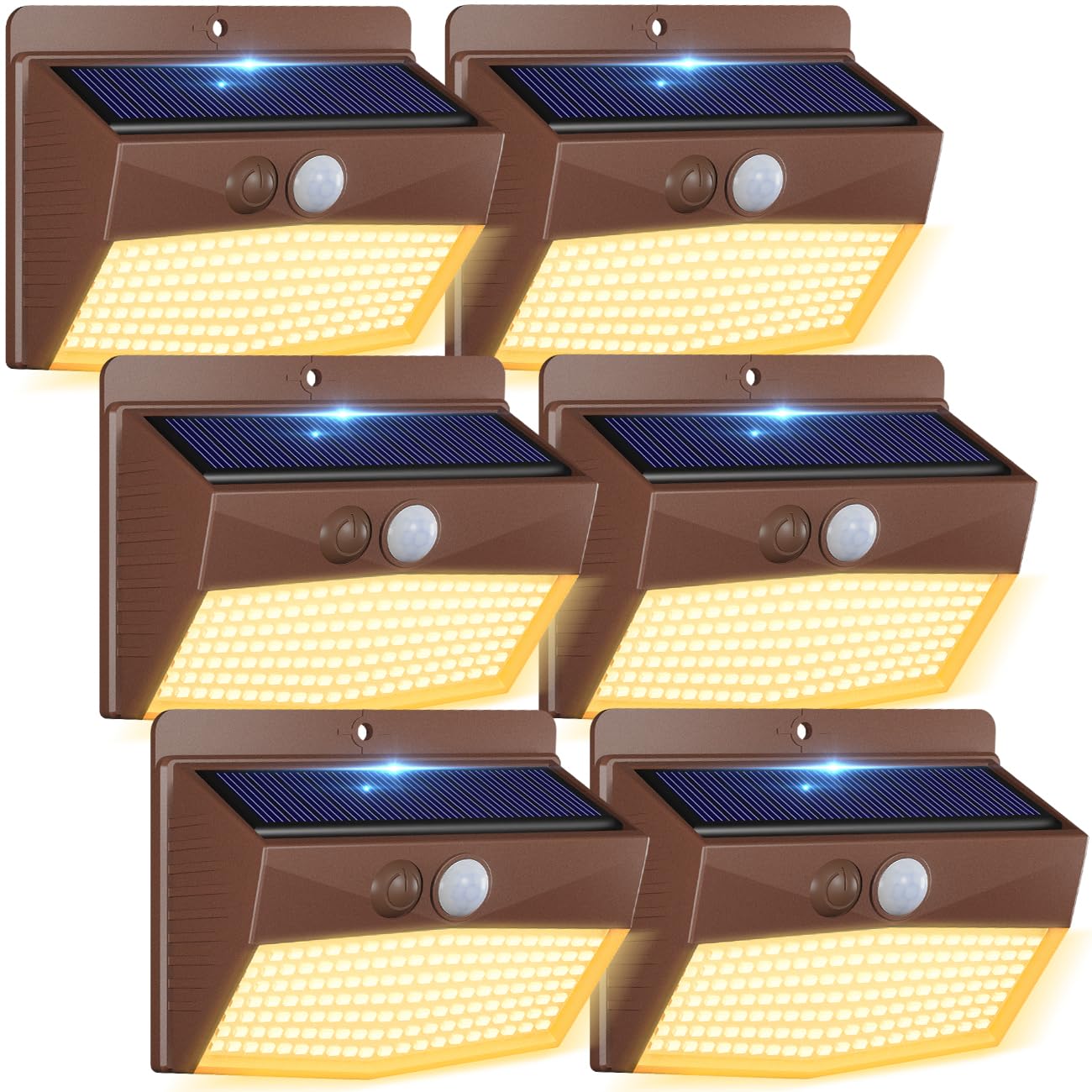 Peasur 6 Packs Solar Outdoor Lights Motion Sensor Solar Security Lights Waterproof with 3 Lighting Modes Solar Powered Wall Lights Outside for Garden Fence Yard Deck, Brown Warm
