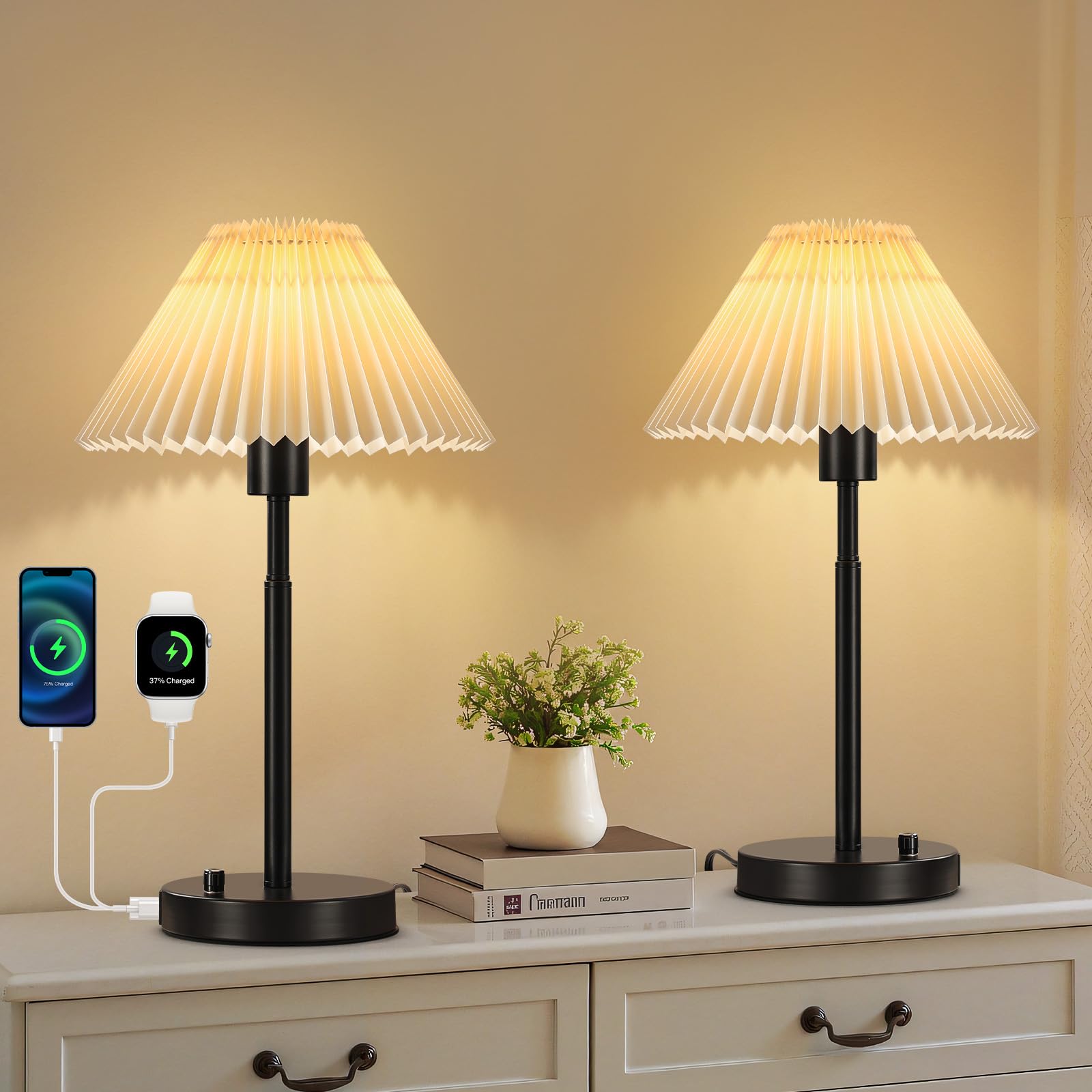 RUIYEY Bedside Table Lamp Set of 2, Dimmable, USB A and C Ports, Metal, Black